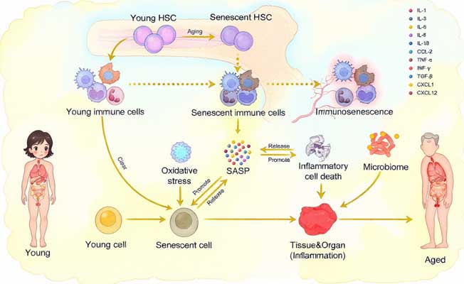 Diagram of inflammatory signaling pathways involved in aging
