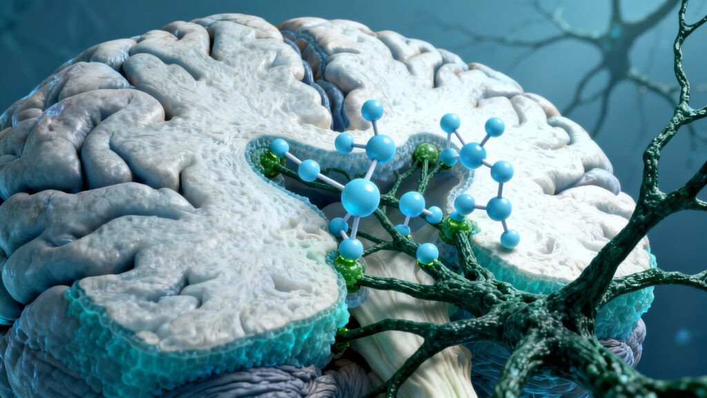 Conceptual illustration of Selank molecules interacting with neural pathways for cognitive support in aging brains, with a realistic, high-resolution design