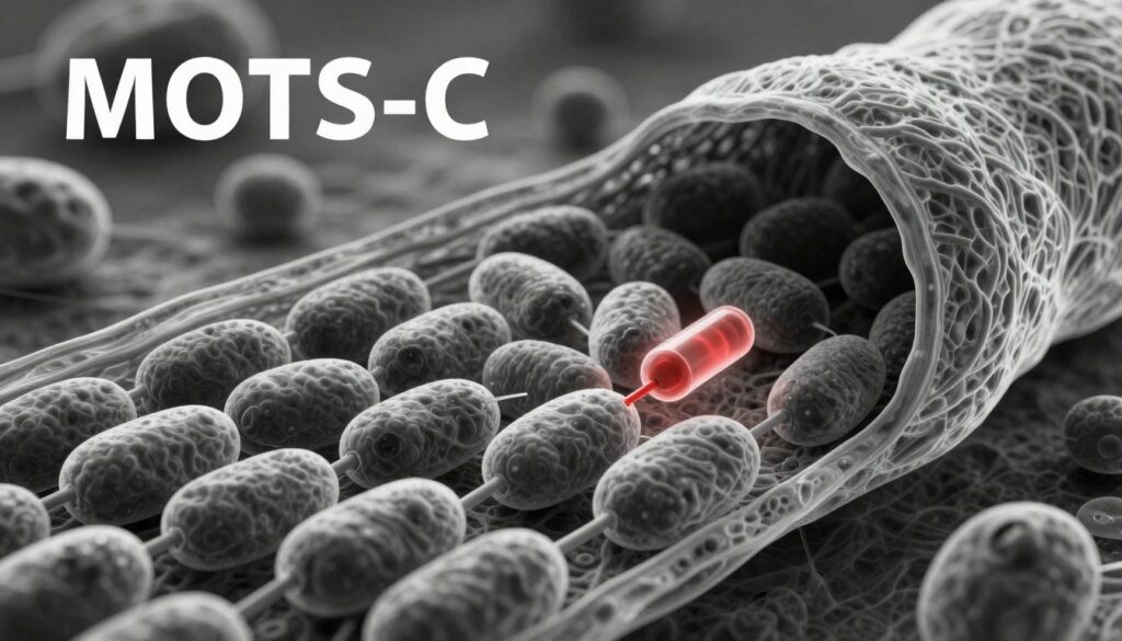 Illustration of mitochondria within a human muscle cell, highlighting MOTS-c peptide activity and its potential role in muscle health