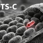 Illustration of mitochondria within a human muscle cell, highlighting MOTS-c peptide activity and its potential role in muscle health