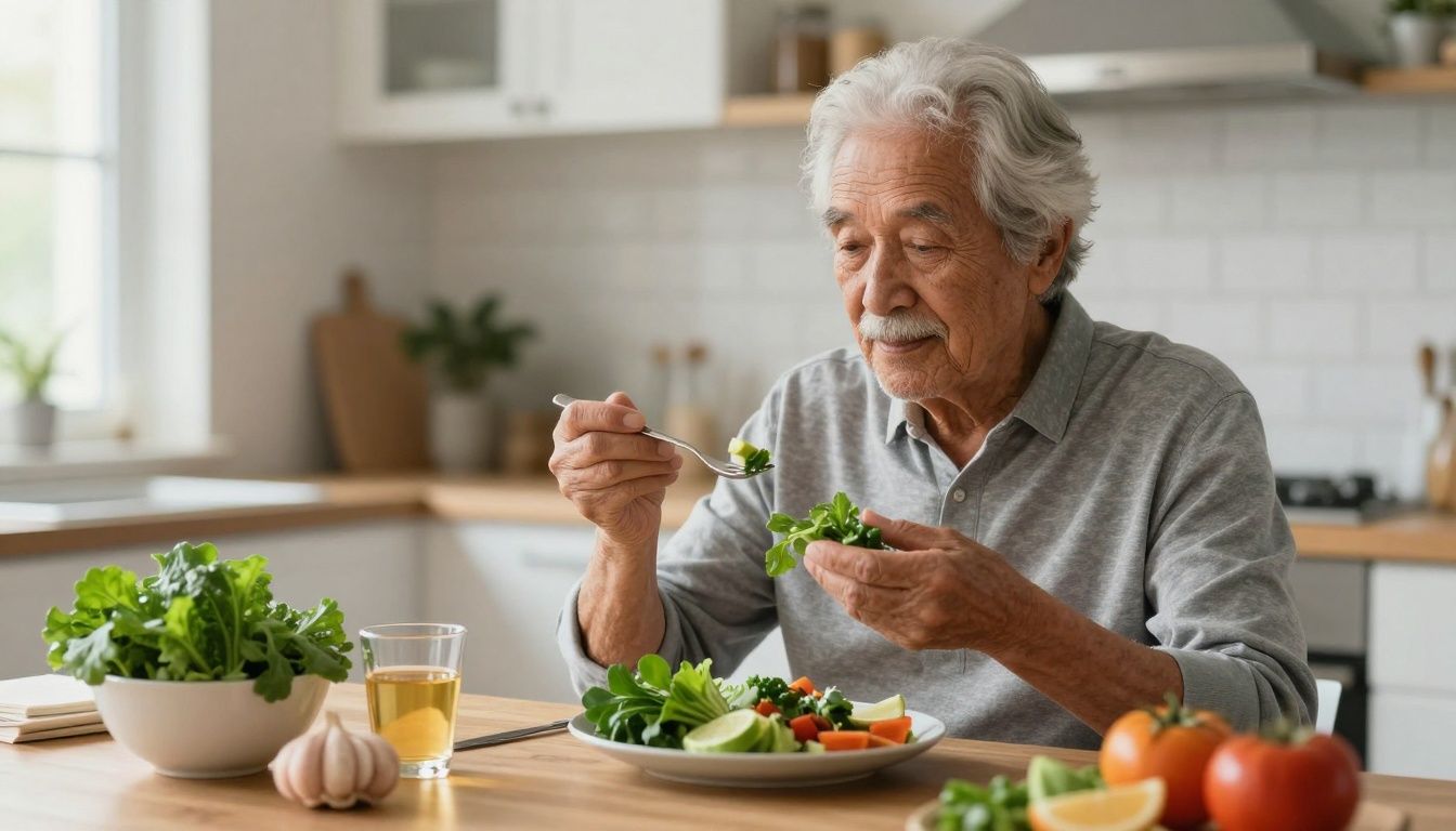 Elderly adult engaging in a balanced diet rich in lutein, leafy greens, and healthy fats, demonstrating a lifestyle that supports both eye and muscle health, with a kitchen setting and natural light