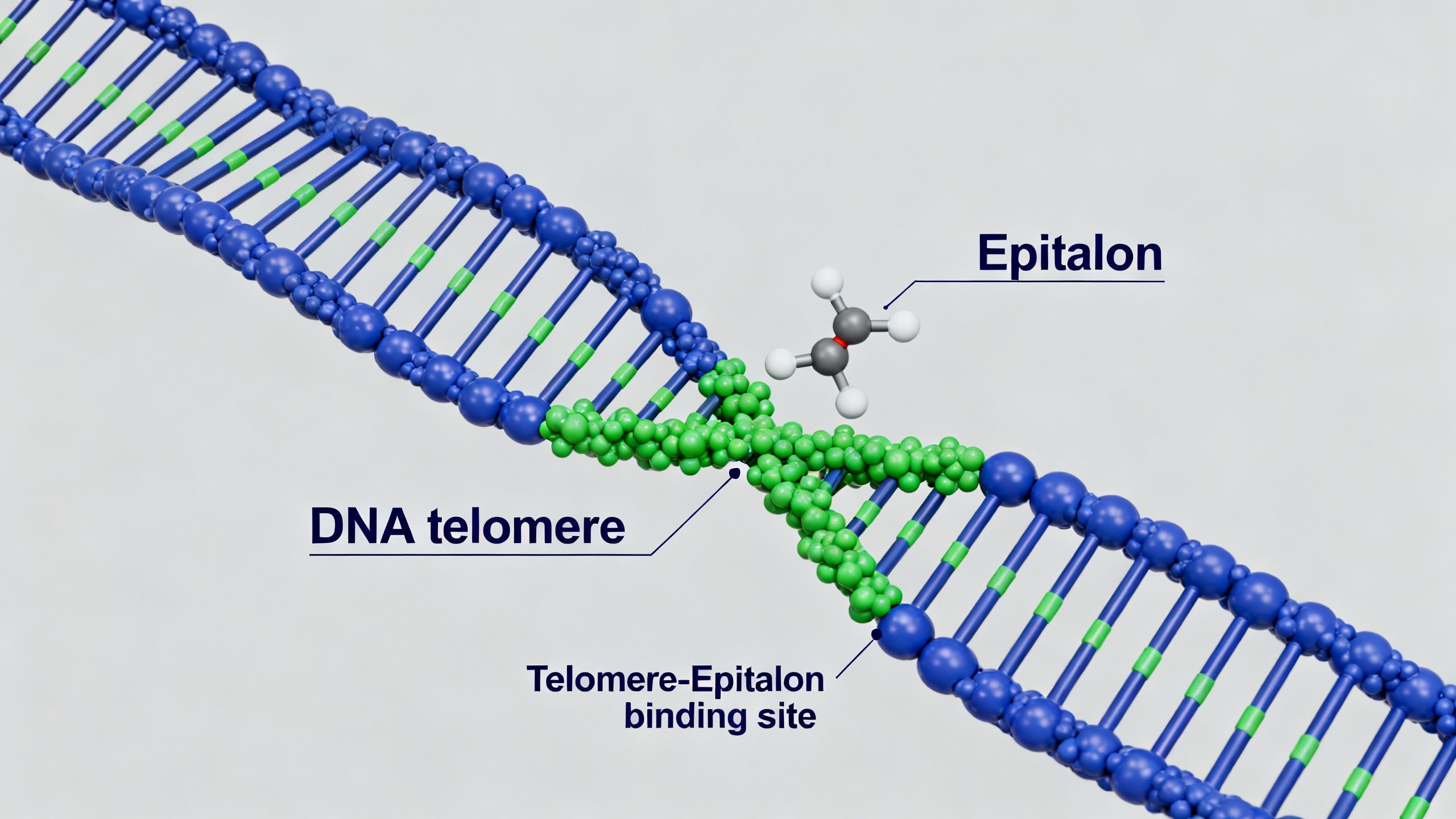 Visualization of a molecular model depicting Epitalon binding to a DNA telomere region, illustrating anti-aging therapy mechanisms