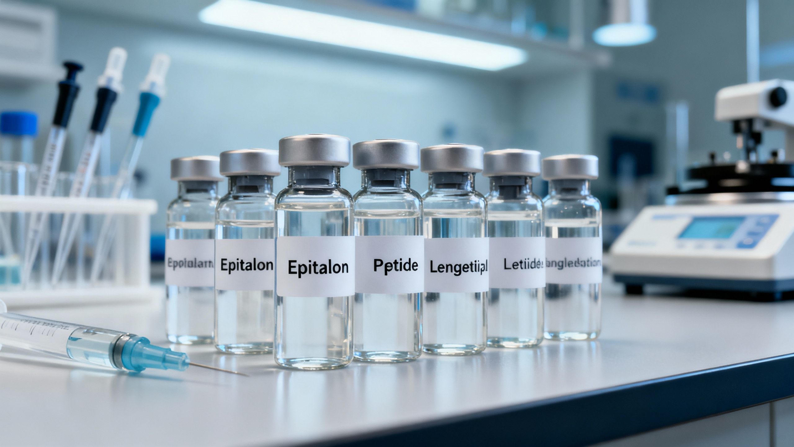 A high-resolution laboratory scene showing multiple vials labeled with different peptide longevity candidates, including Epitalon, under controlled research conditions