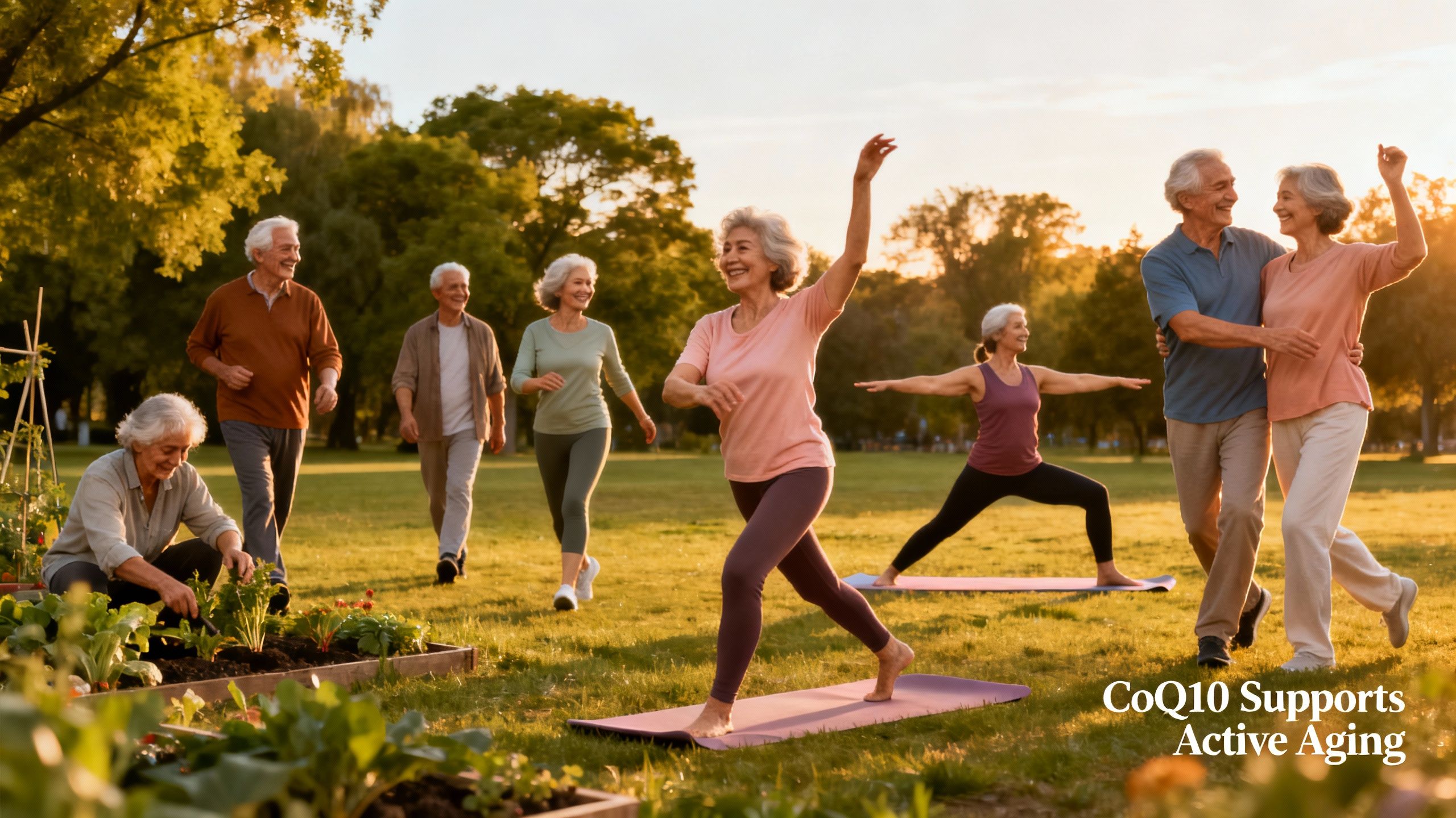 Healthy older adults engaging in activity, symbolizing benefits of CoQ10 supplementation in healthy aging