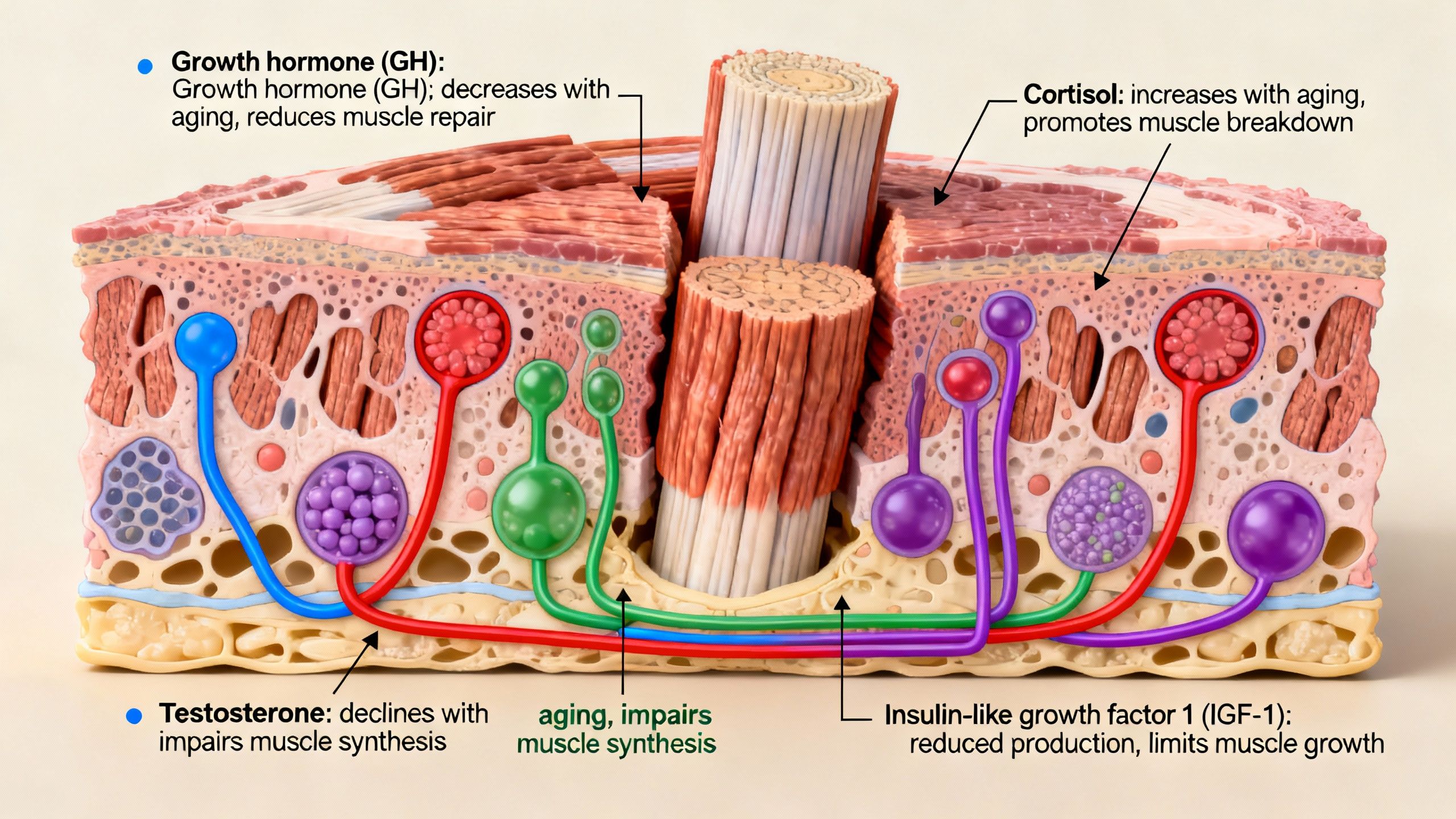 A cross-section diagram of muscle tissue with annotated hormonal pathways, demonstrating muscle atrophy linked to hormonal changes aging