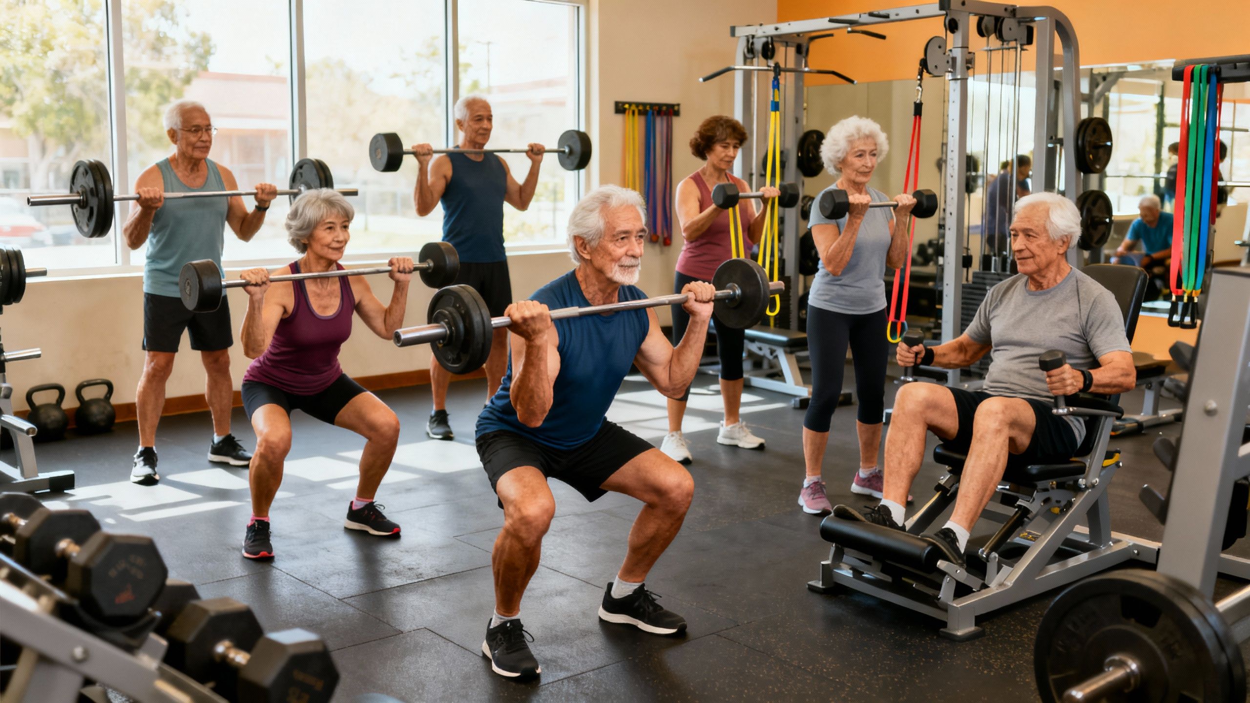 A diverse group of older adults engaging in resistance training, emphasizing muscle preservation strategies during hormonal changes aging