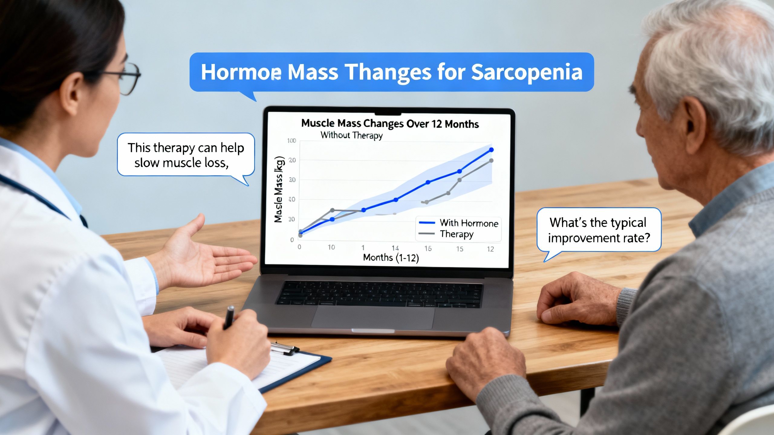 A clinical researcher discussing hormone therapy for sarcopenia with an older adult patient, including charts showing muscle mass changes