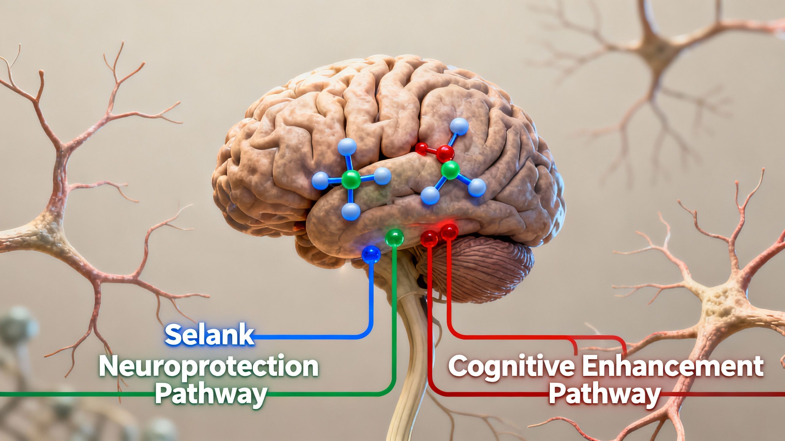Detailed neural illustration: Selank’s effect on aging brain cells, with highlighted pathways for neuroprotection and cognitive enhancement
