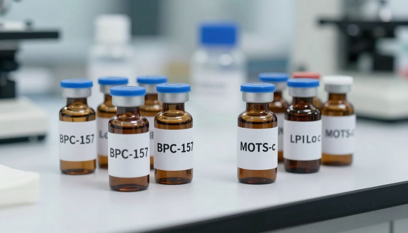 A collection of peptide vials labeled "BPC-157" and "MOTS-c" arranged on a lab bench, with a focus on research into degenerative eye and muscle conditions, realistic and clinical atmosphere