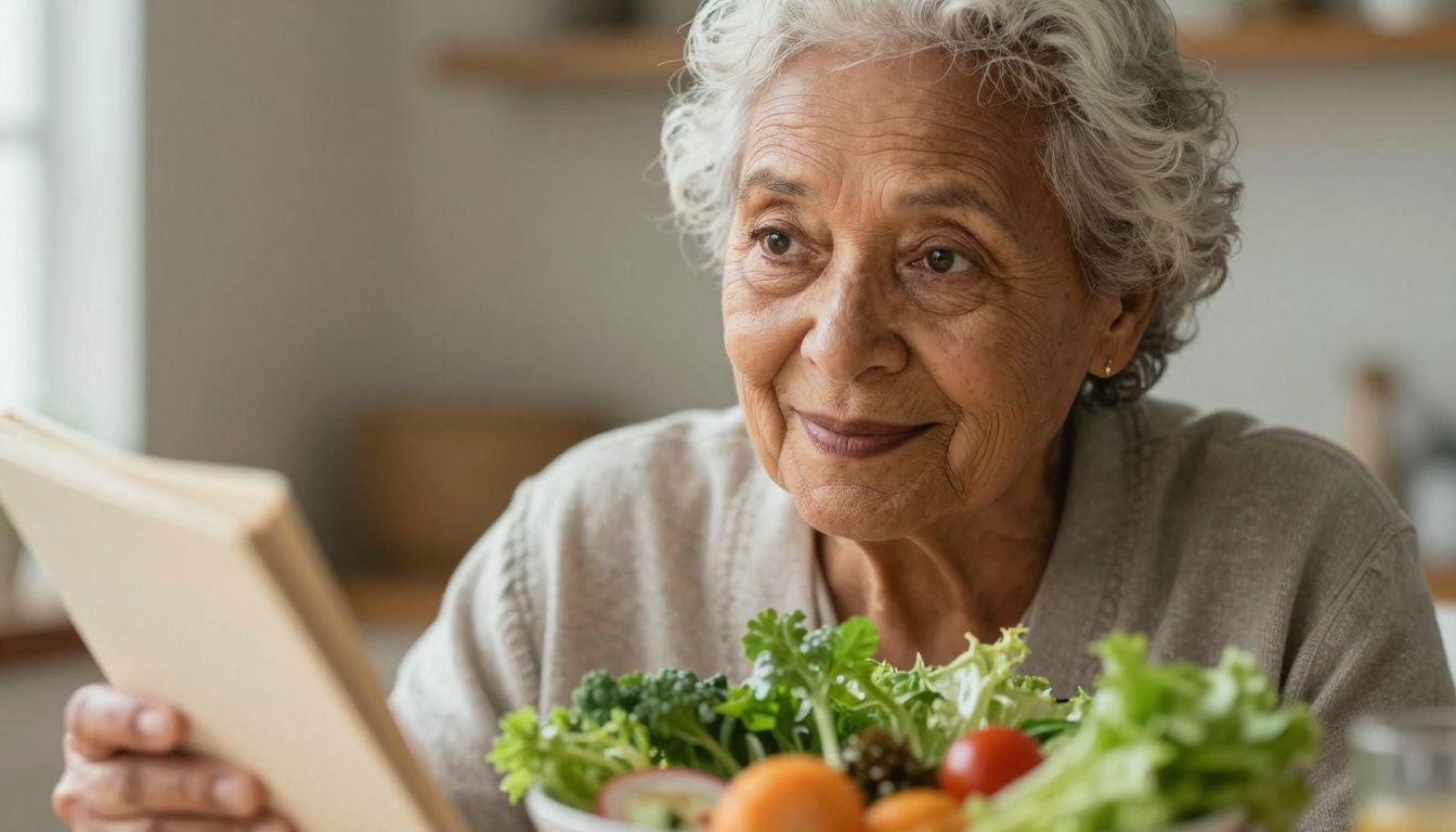 Elderly person reading in natural light, with healthy vibrant eyes and a plant-rich meal, exemplifying preventing retinal degeneration with lifestyle