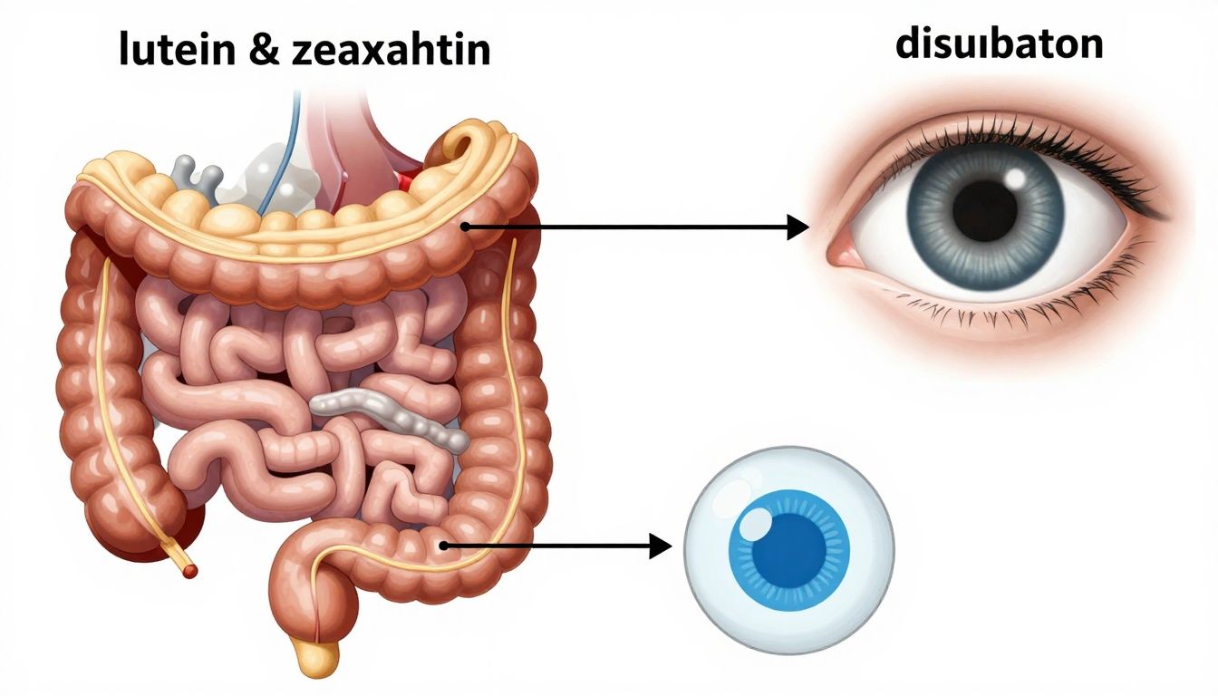 Diagram showing lutein and zeaxanthin absorption and distribution from gut to eye, with labels, scientific style, anatomically accurate, high-resolution