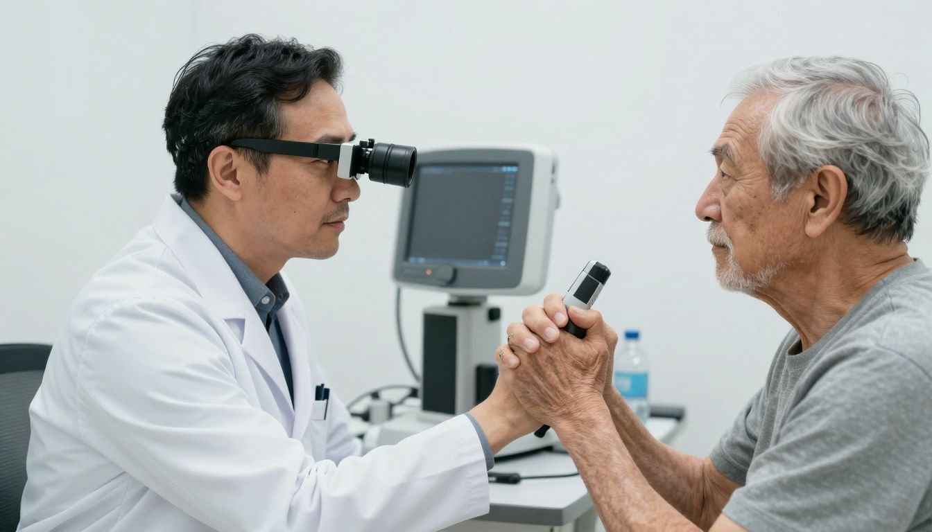 Healthcare provider performing both eye examination with advanced retinal imaging and measuring elderly patient’s grip strength, highlighting integrated assessment of visual and muscular health