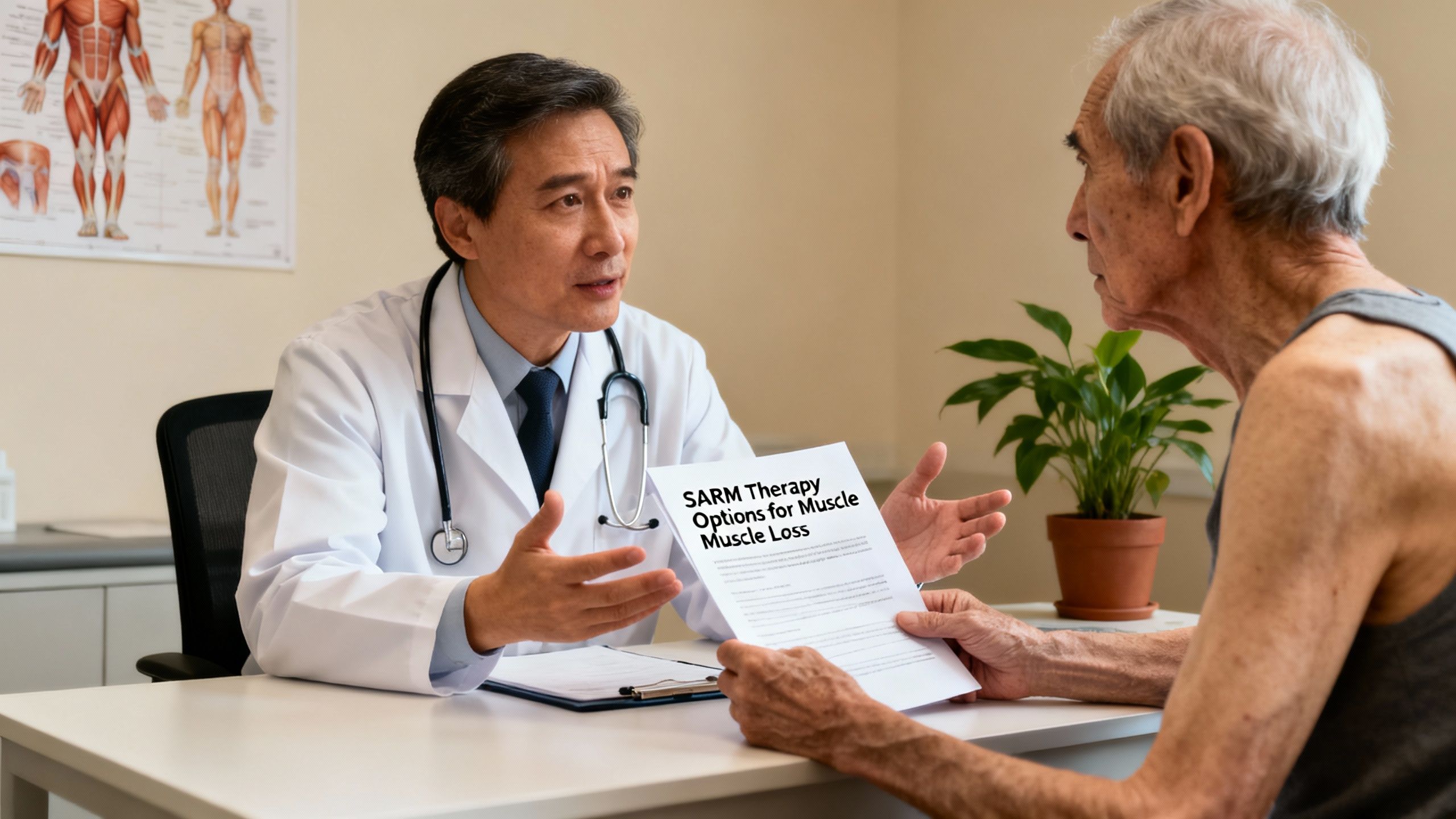 Medical professional discussing SARM therapy options for older patients with visible aging-related muscle loss