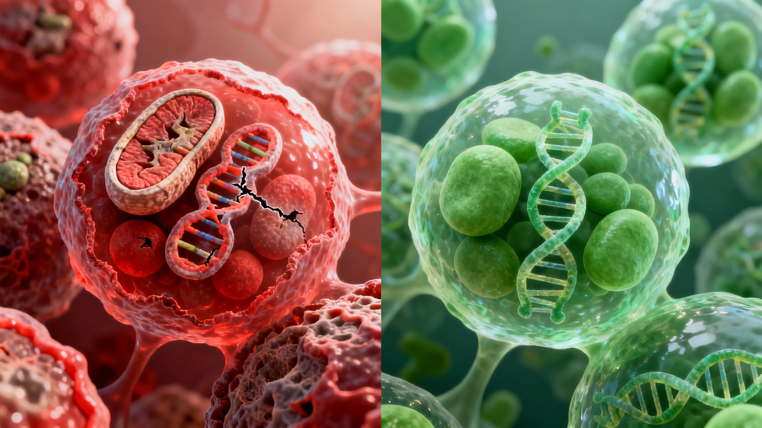 Microscopic view of aging cells, highlighting cellular damage and healthy cells through lifestyle interventions