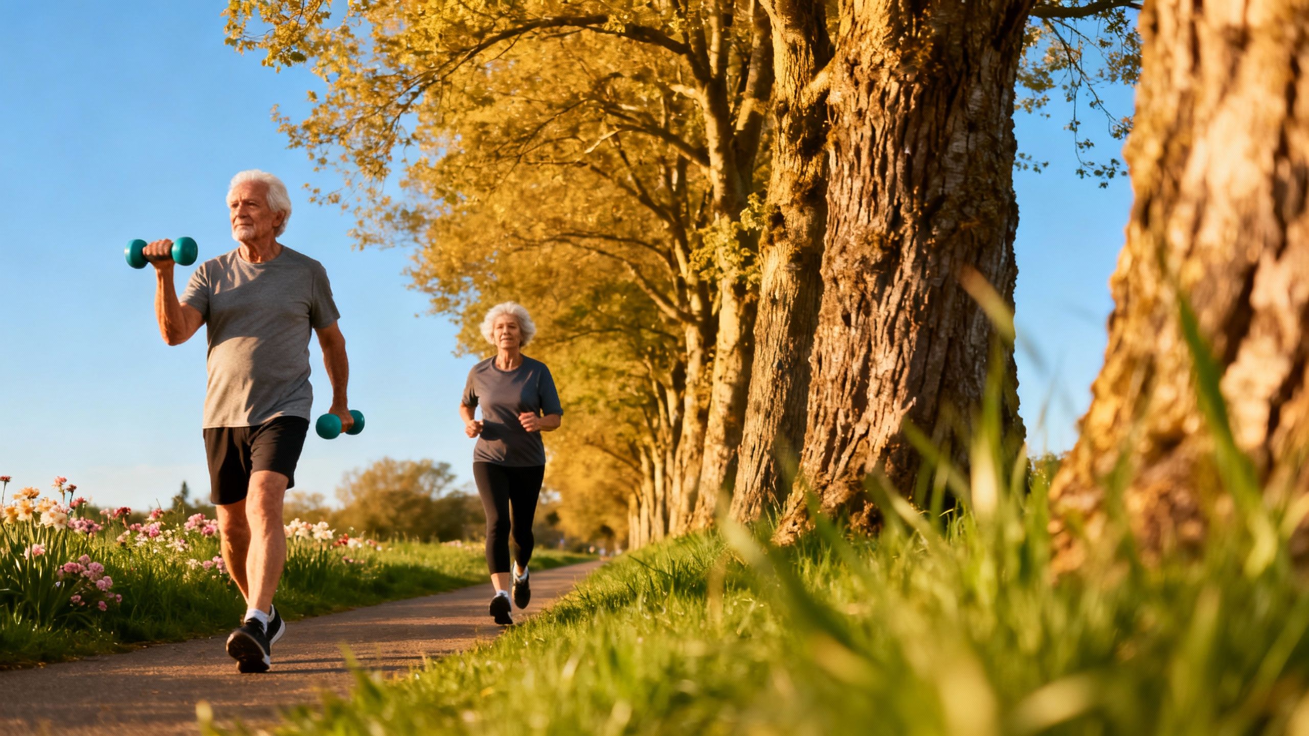 Older adults lifting weights and walking outside, reflecting healthy lifestyle aging and reduced degeneration