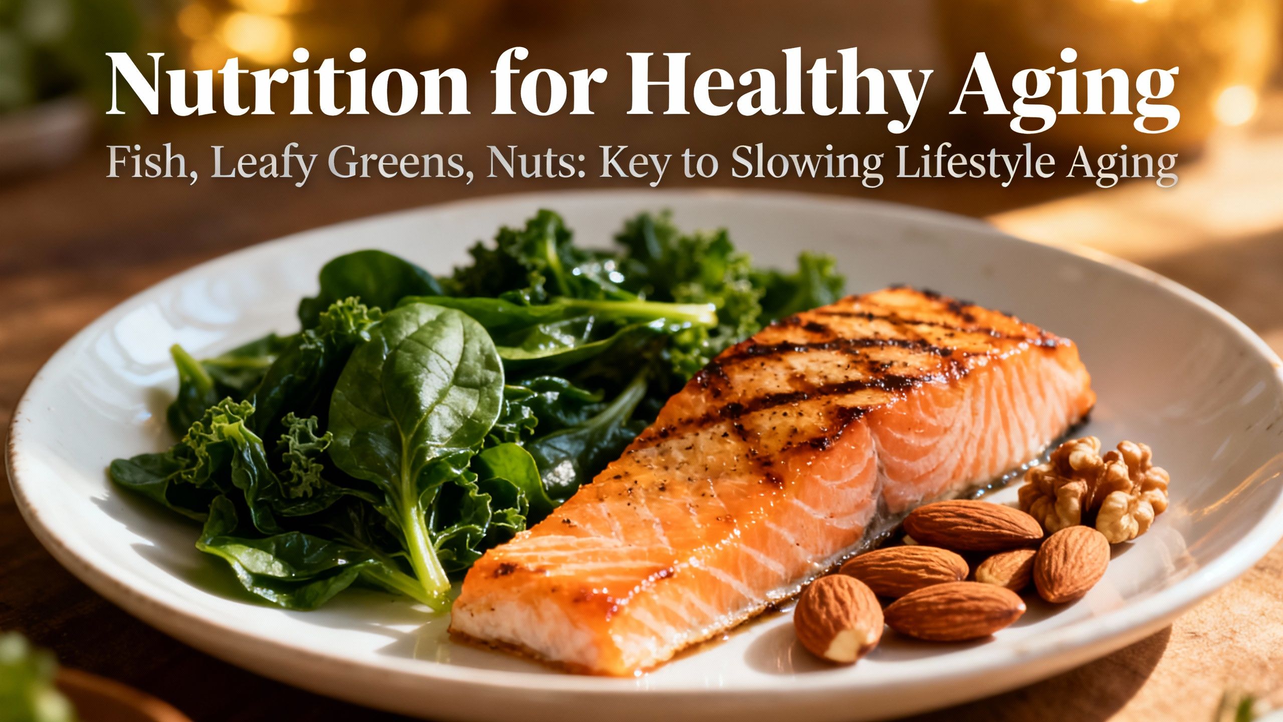 Healthy meal with fish, leafy greens, and nuts illustrating the impact of nutrition on lifestyle aging