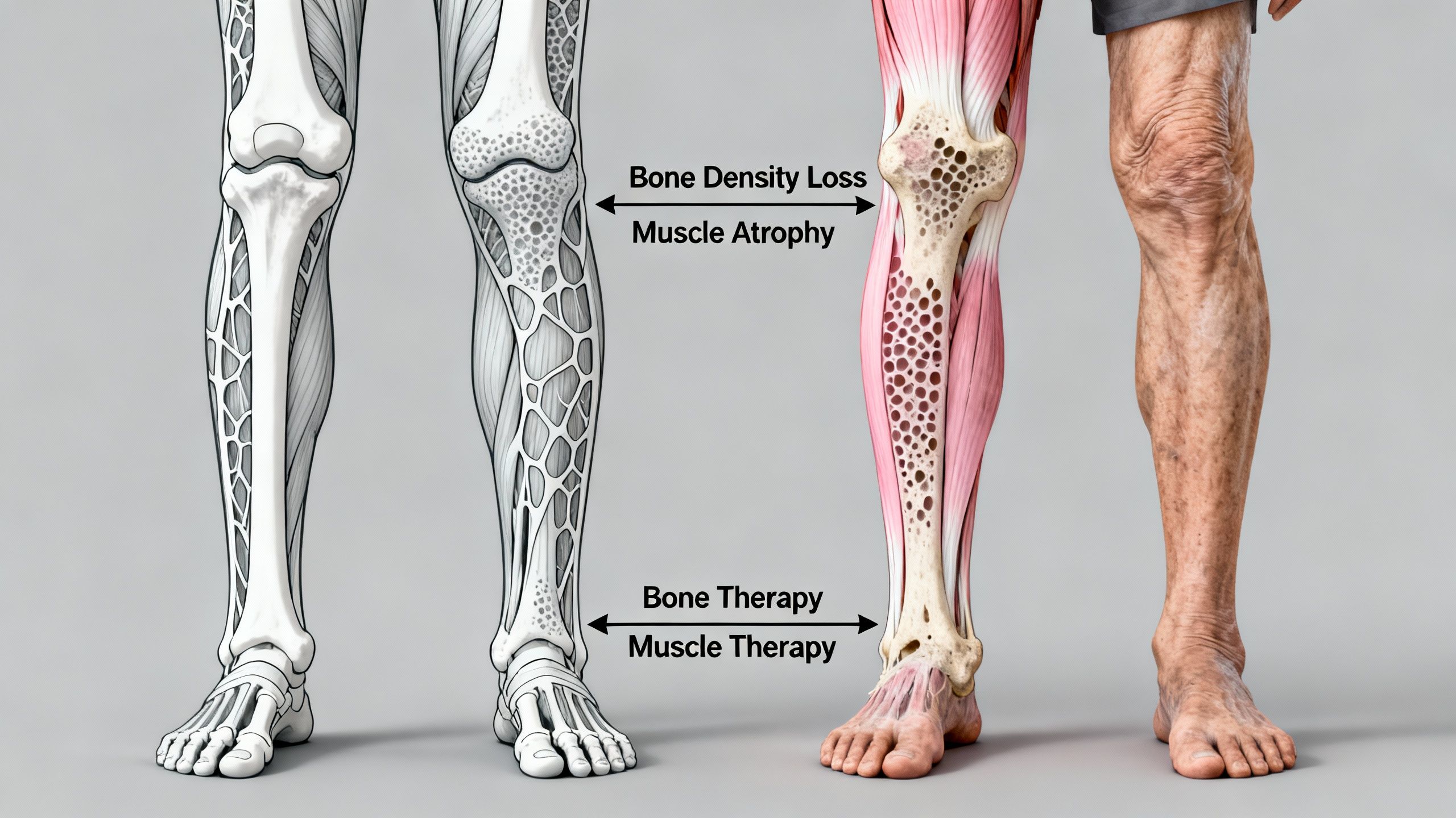 Medical illustration showing bone density loss and muscle atrophy in older adults, emphasizing the need for bone and muscle therapy