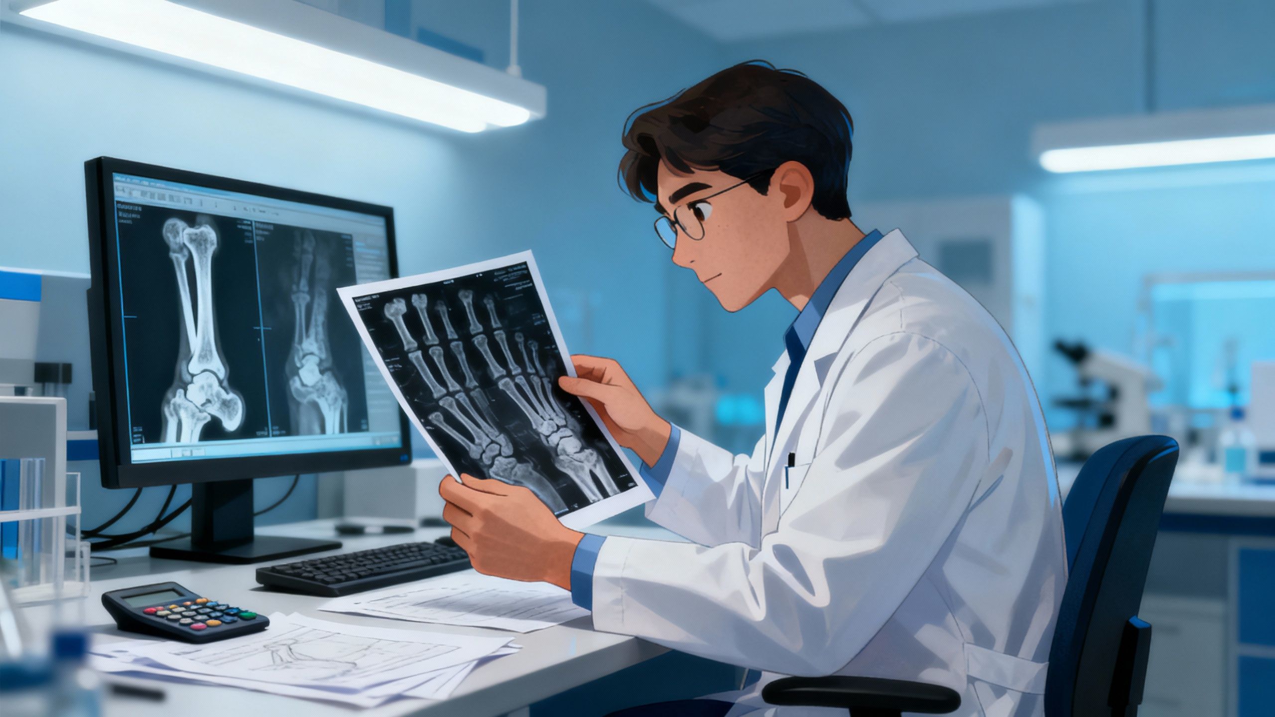 Scientific researcher analyzing bone density scans in aging patients while studying effects of raloxifene