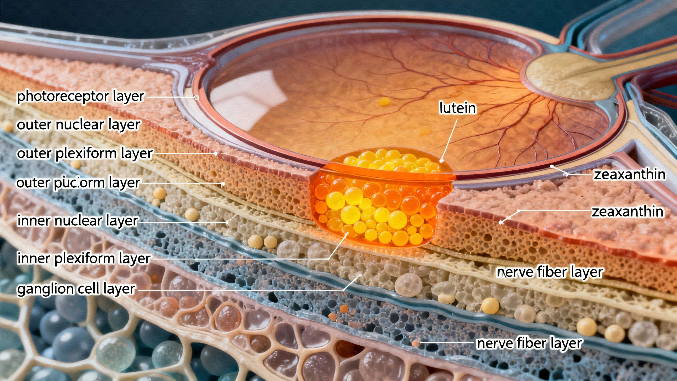 Close-up, high-resolution illustration of the human retina with labeled layers, showing how antioxidants like lutein and zeaxanthin concentrate in the macula to protect against damage