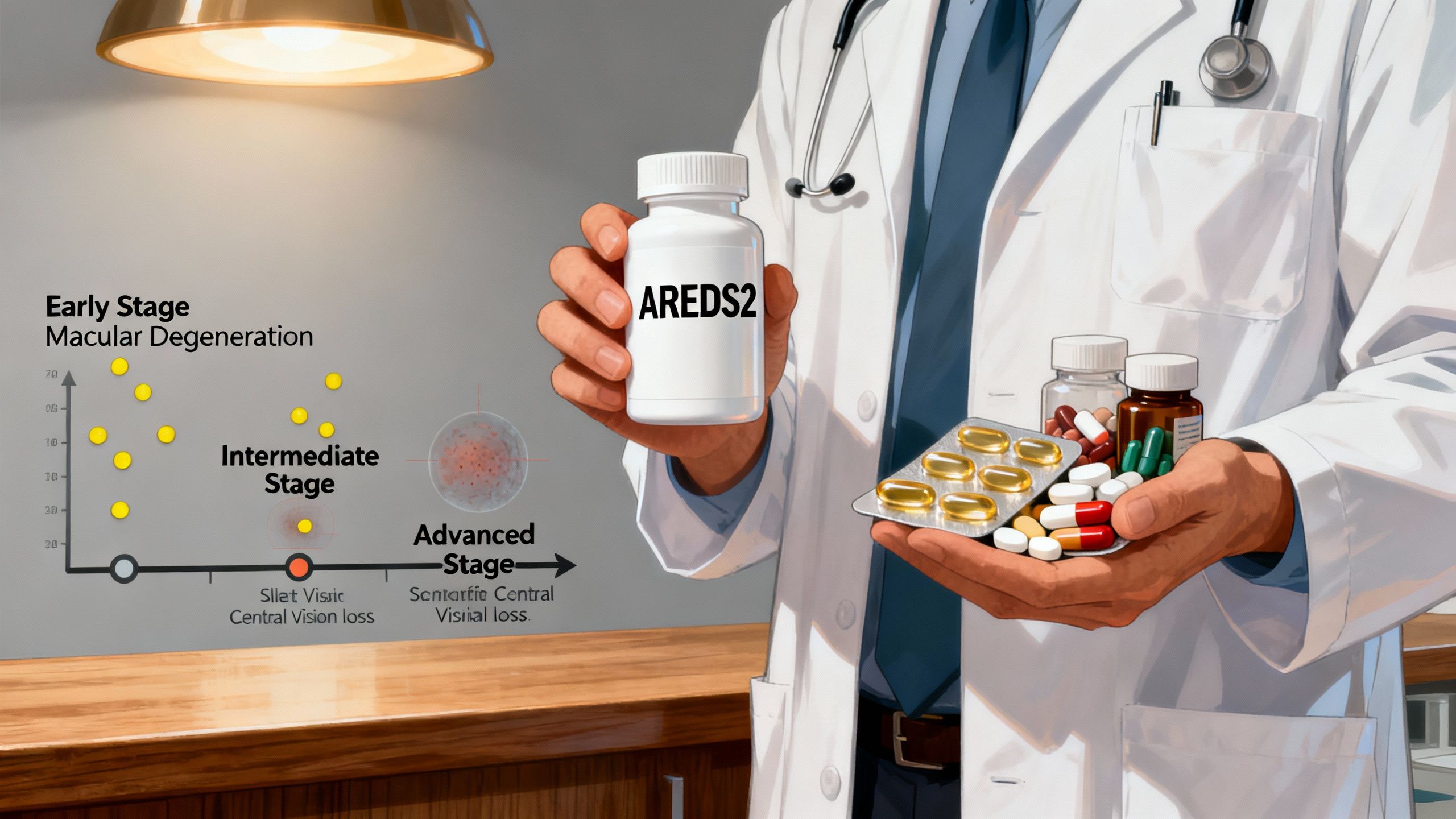 Realistic depiction of a pharmacist holding a bottle labeled "AREDS2" and a variety of eye supplements, with diagrams illustrating slow progression of macular degeneration