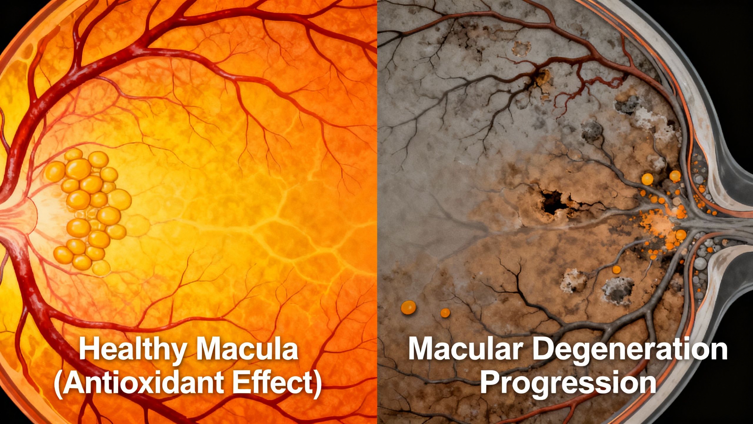 Infographic showing a split image: one side with a healthy, richly pigmented macula under the effects of antioxidants retina, the other with macular degeneration progressing