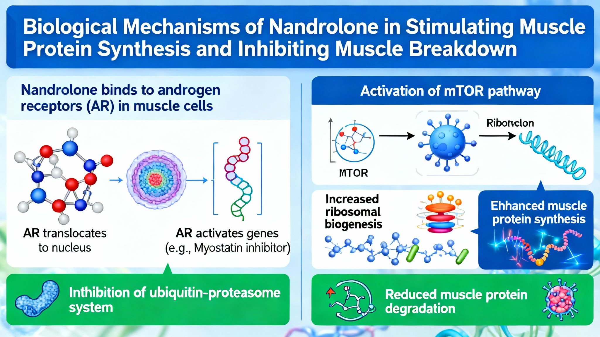 Diagram of biological mechanisms by which Nandrolone stimulates muscle protein synthesis and inhibits muscle breakdown