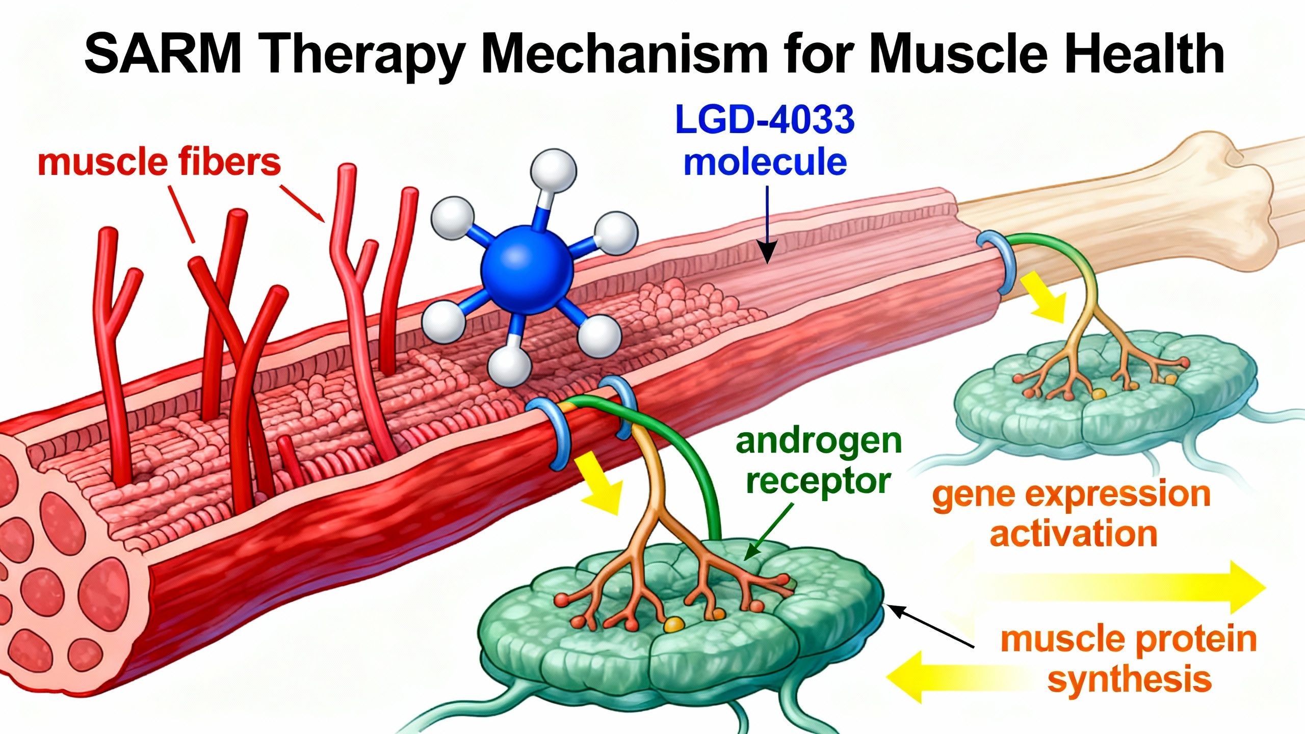 Depiction of muscle fibers and molecular interaction of LGD-4033, highlighting the SARM therapy mechanism for muscle health