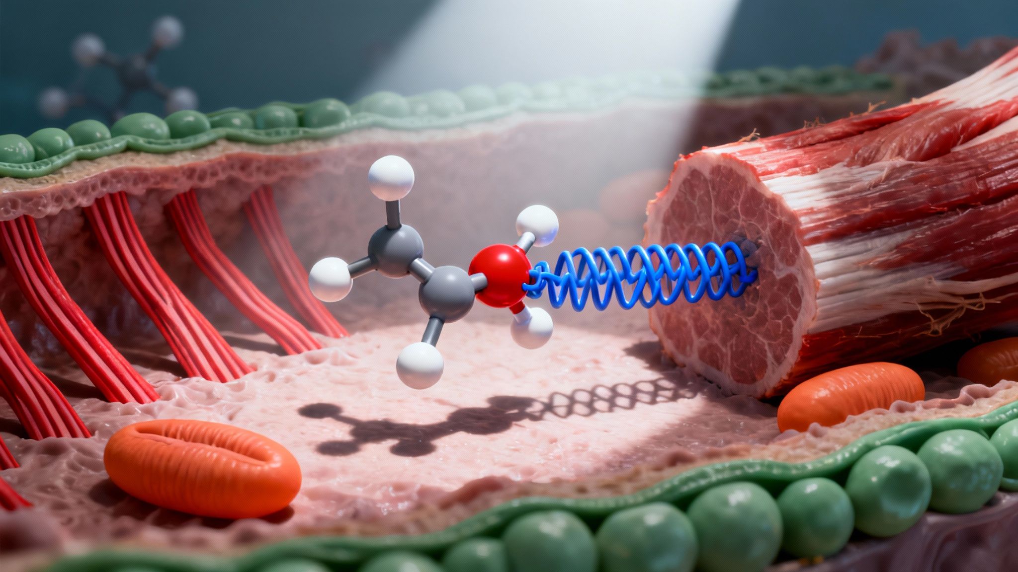 Molecular illustration of Nandrolone structure interacting with muscle tissue at a cellular level