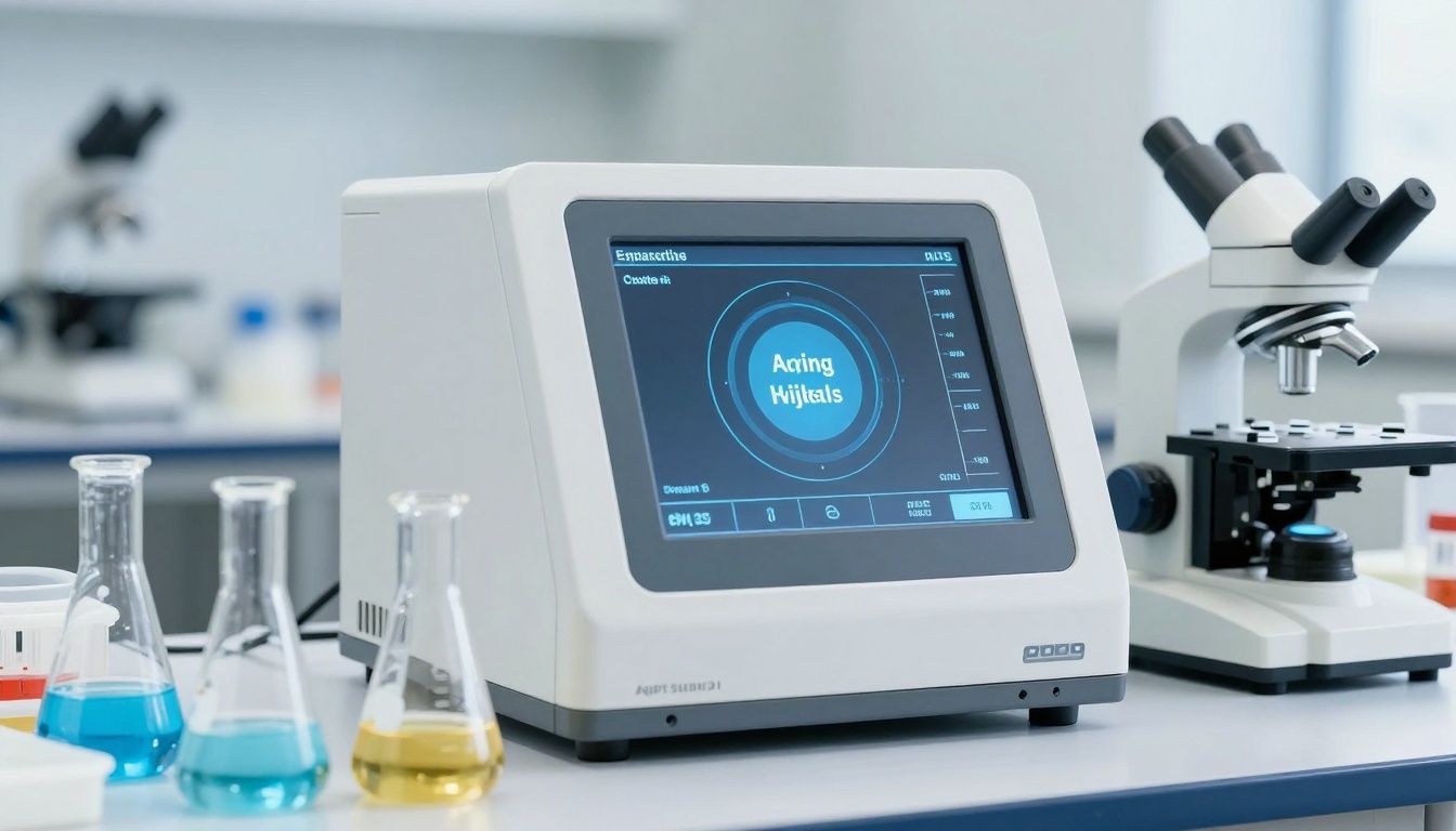Flasks and genetic sequencing equipment illustrating research into aging biomarkers