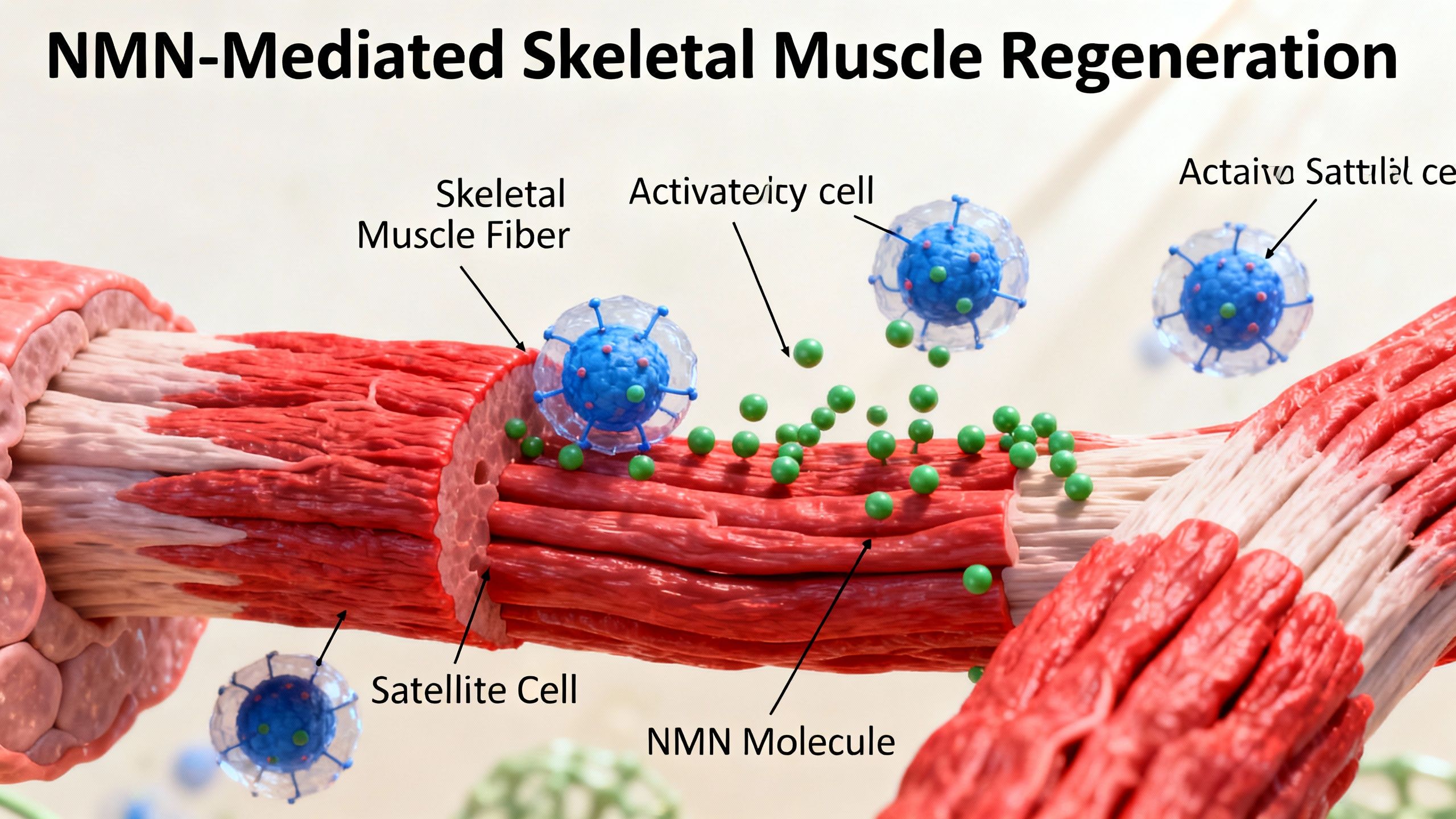 Illustrative image of skeletal muscle fibers undergoing regeneration, referencing NMN muscle research