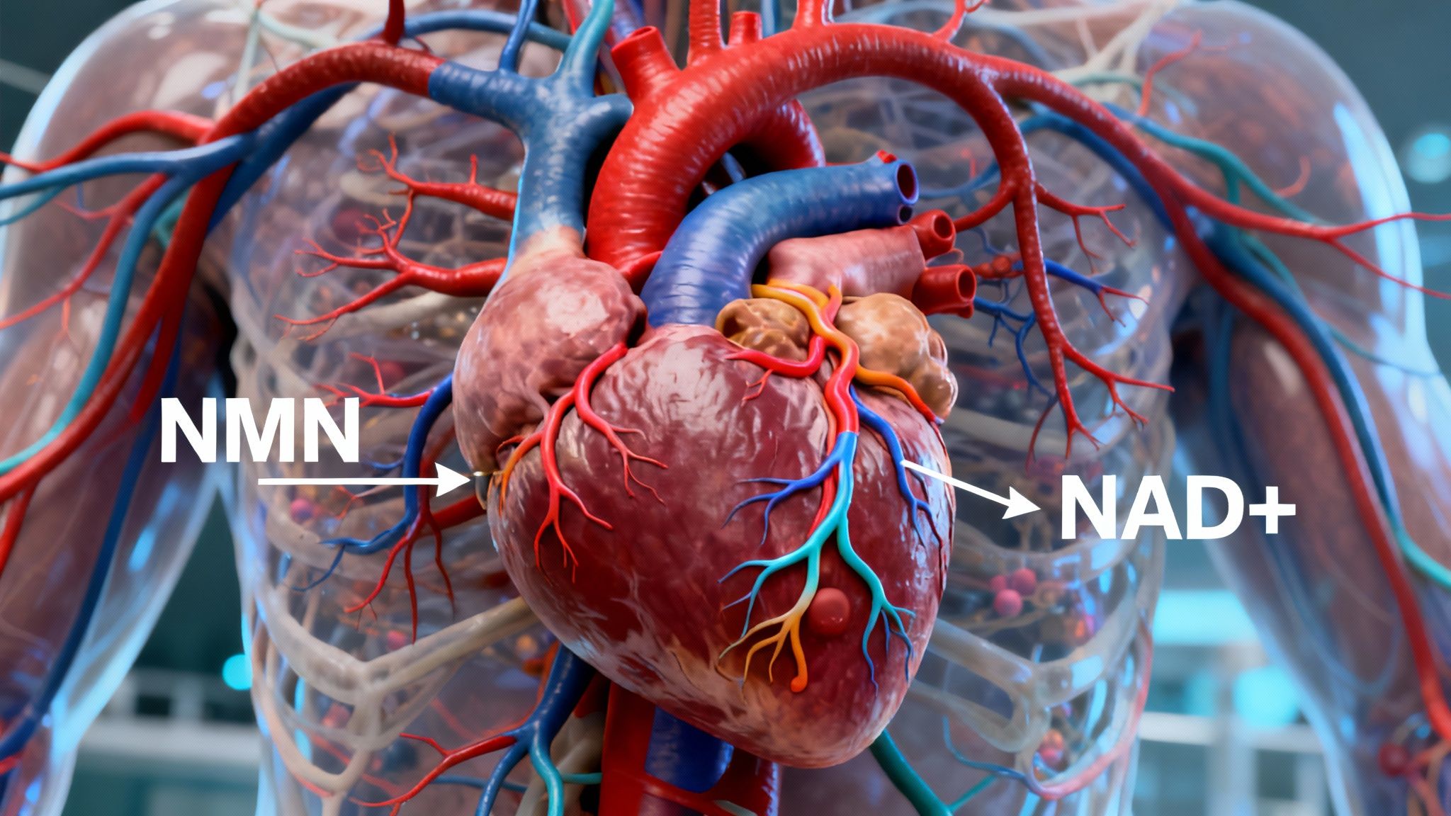 High-resolution 3D rendering of blood vessels in a healthy human heart, demonstrating the link between NMN and vascular NAD+
