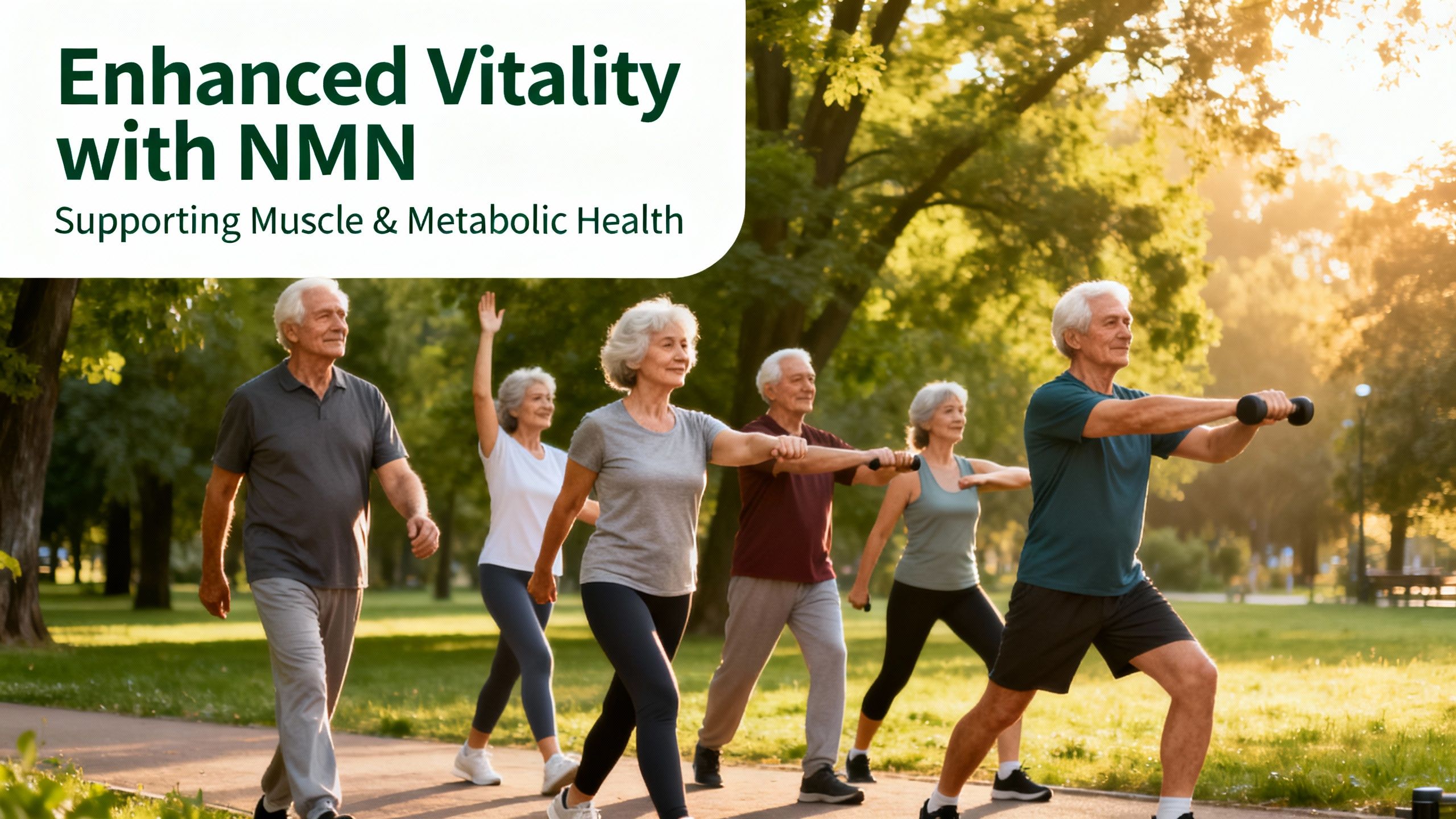 A group of seniors exercising outdoors, symbolizing improvements in muscle and metabolic health with NMN supplementation