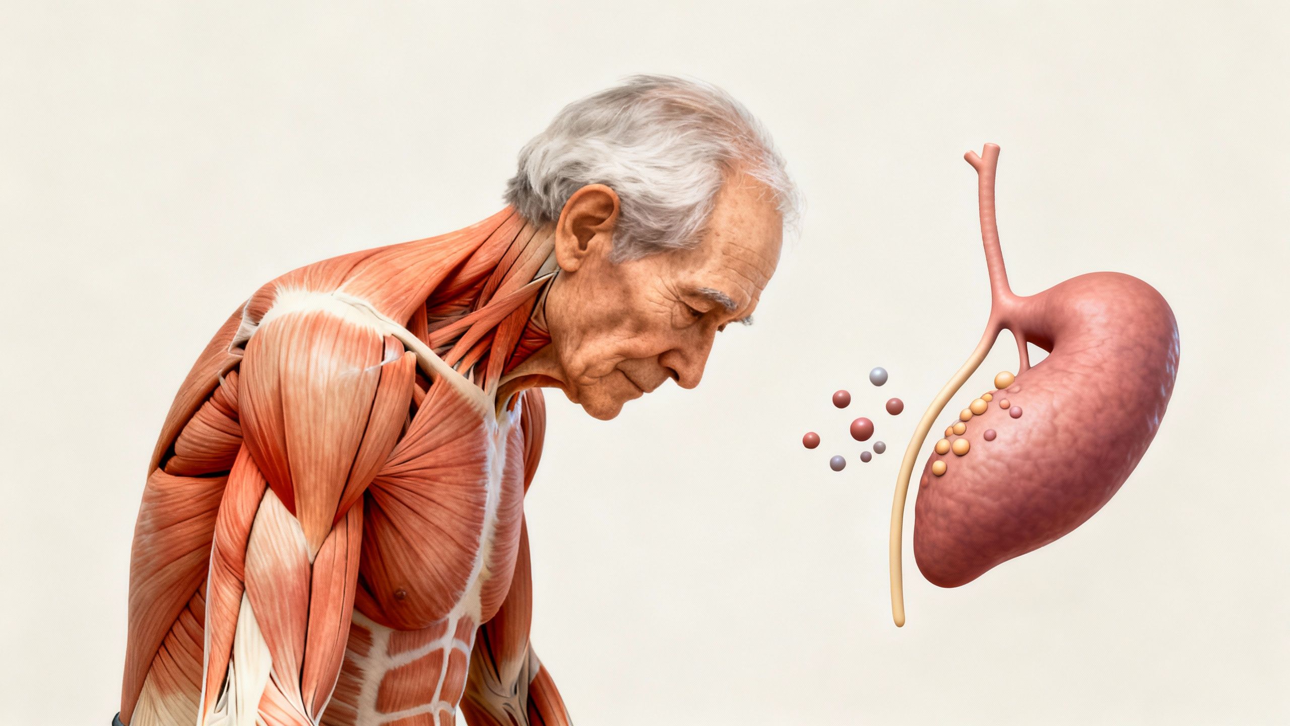 Medical illustration showing hormonal decline, reduced muscle mass, and physical weakness in frailty older adults