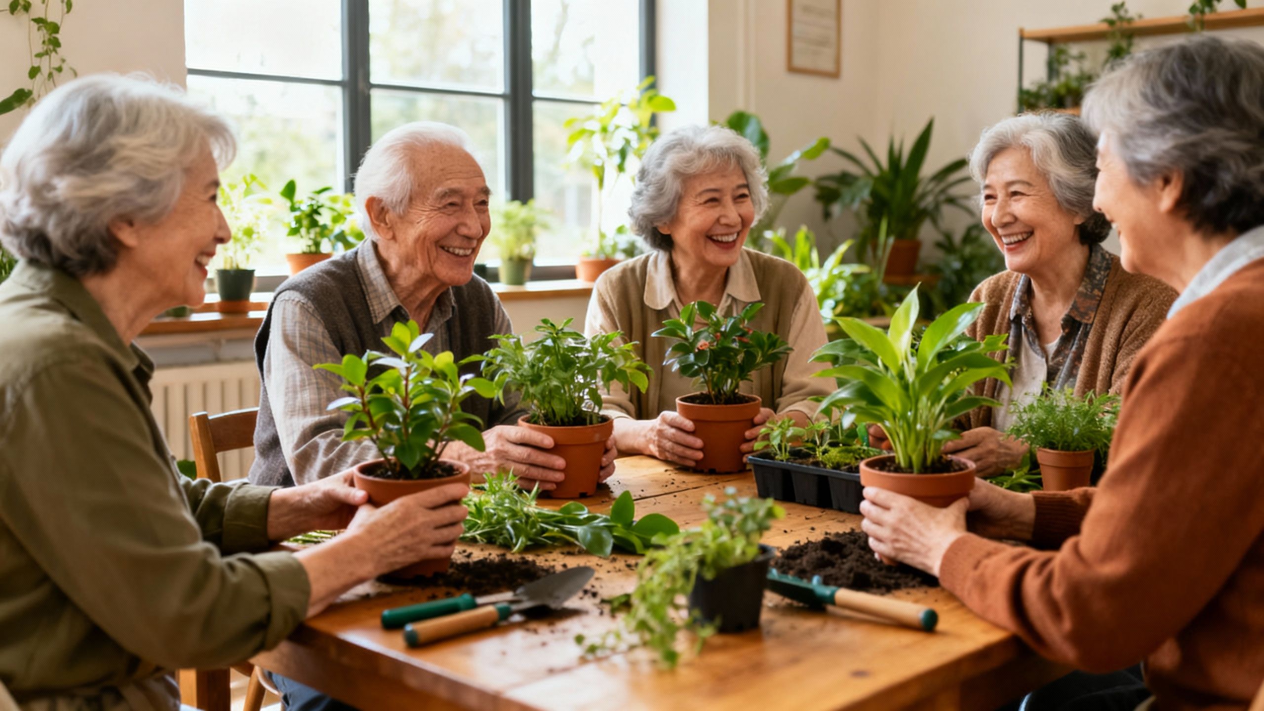 Group of older adults in a horticultural therapy session, emphasizing social engagement for preventing frailty