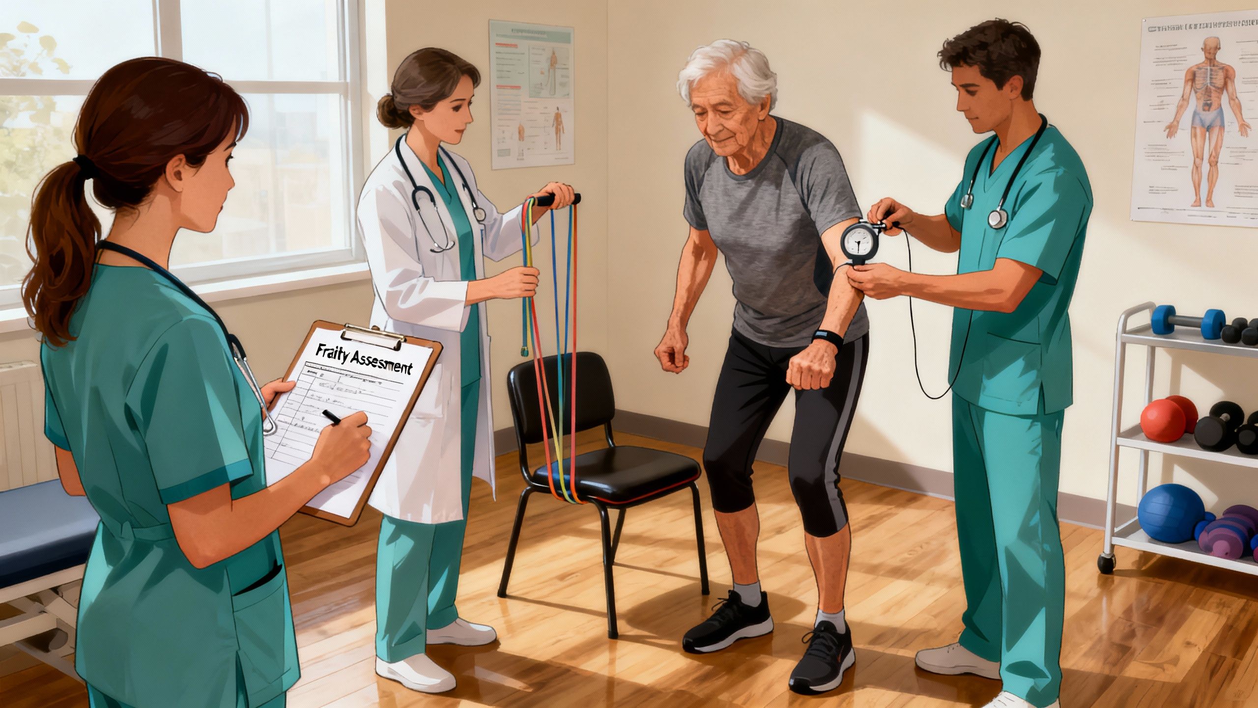 Healthcare team working with an older adult on frailty assessment and individualized exercise program