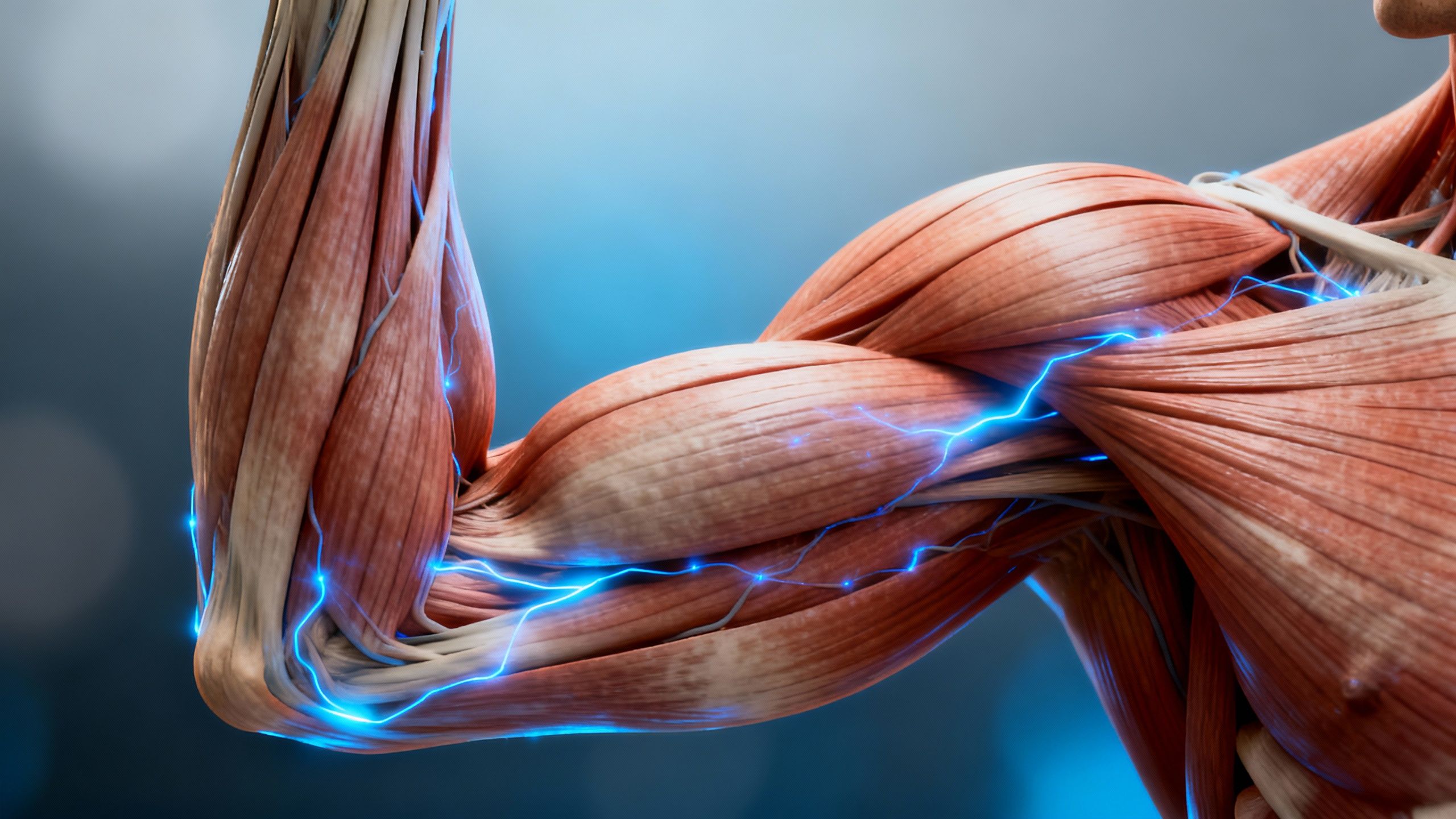 Close-up of a human bicep muscle with glowing energy lines.