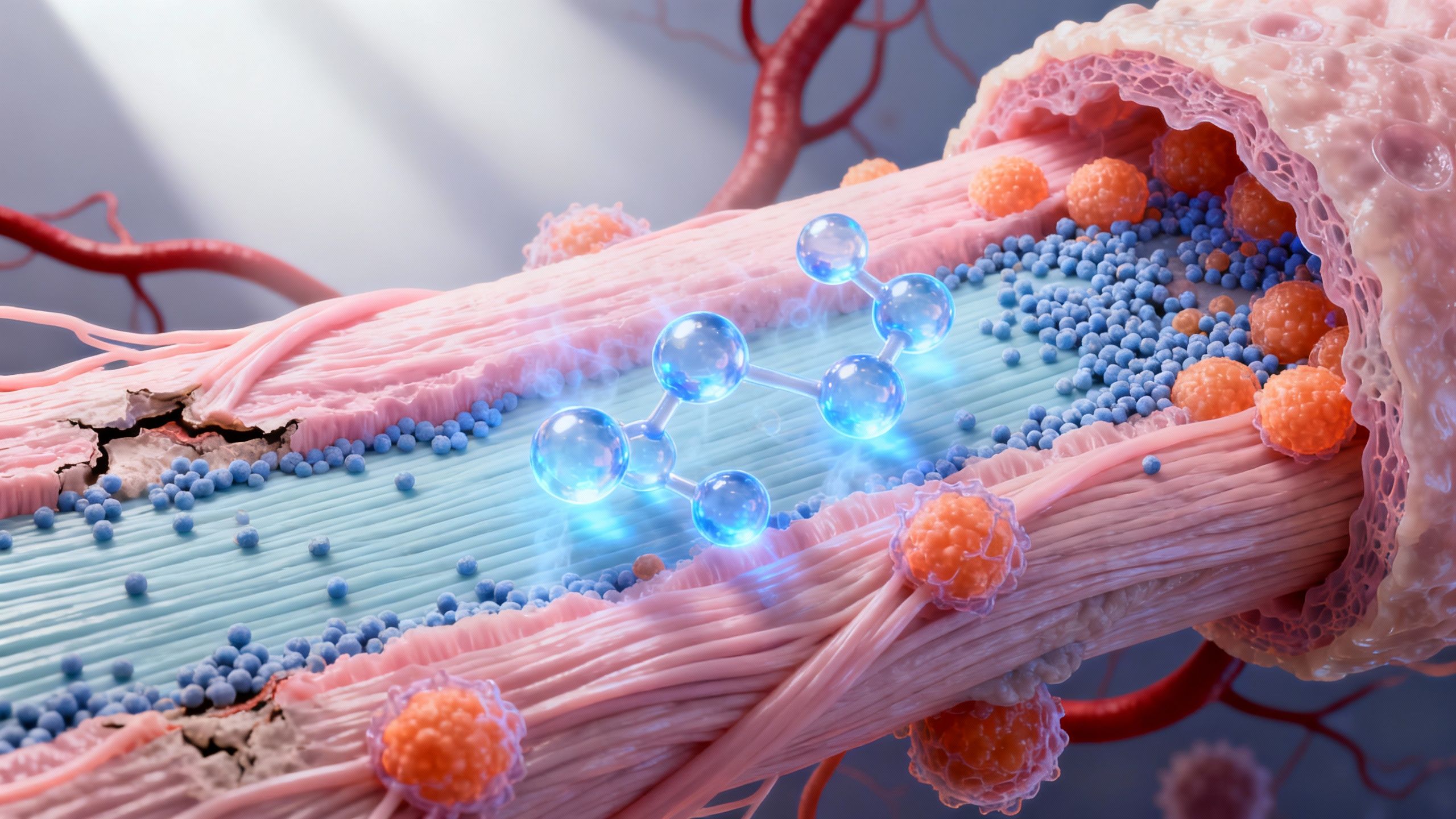 Detailed image depicting a healing human tendon after injury, with molecular representation of TB-500 particles supporting tendon repair. Realistic tendon healing and repair scenario.