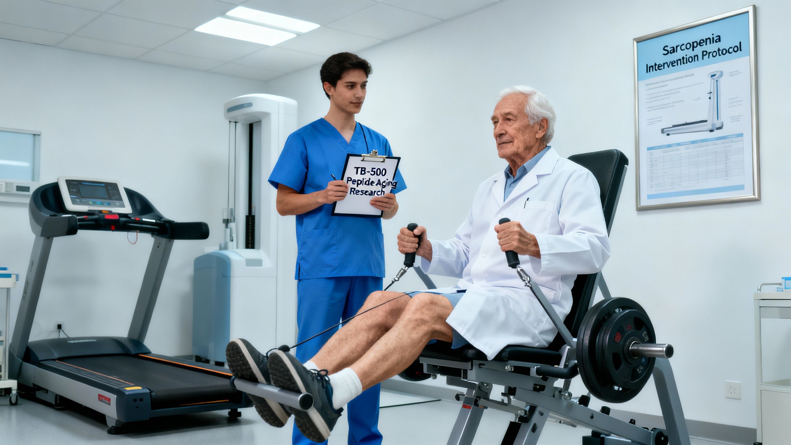 Elderly man engaged in controlled resistance training, illustrating real-world sarcopenia intervention and TB-500 peptide aging research applications. Photo-realistic, clinical setting.