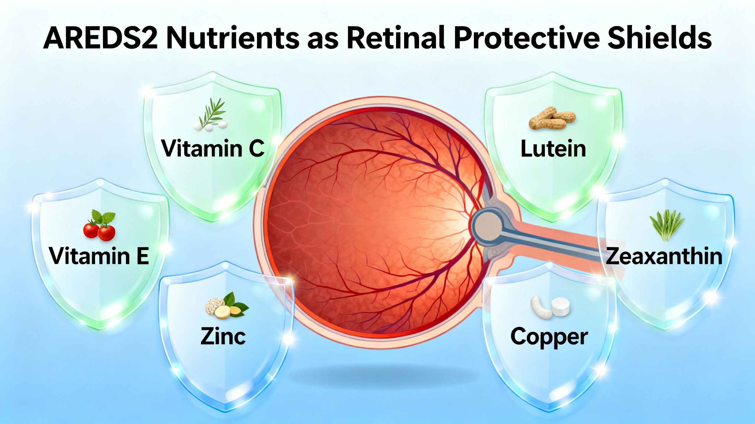 Diagram showing the AREDS2 nutrients as protective shields around the retina