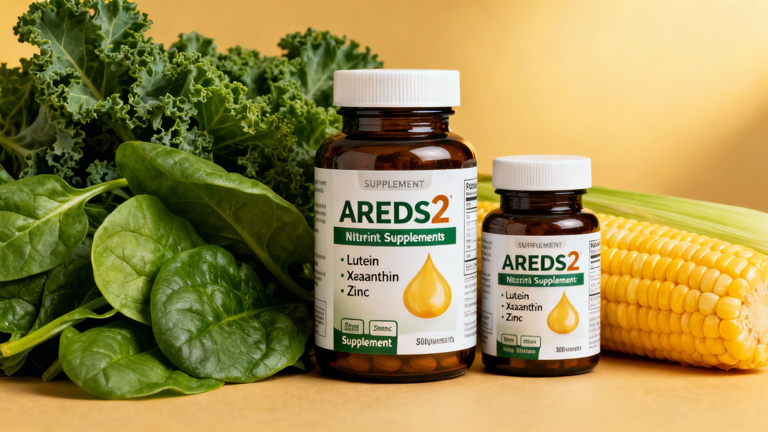 AREDS2 supplement bottles next to leafy greens and corn, representing lutein, zeaxanthin, and zinc sources