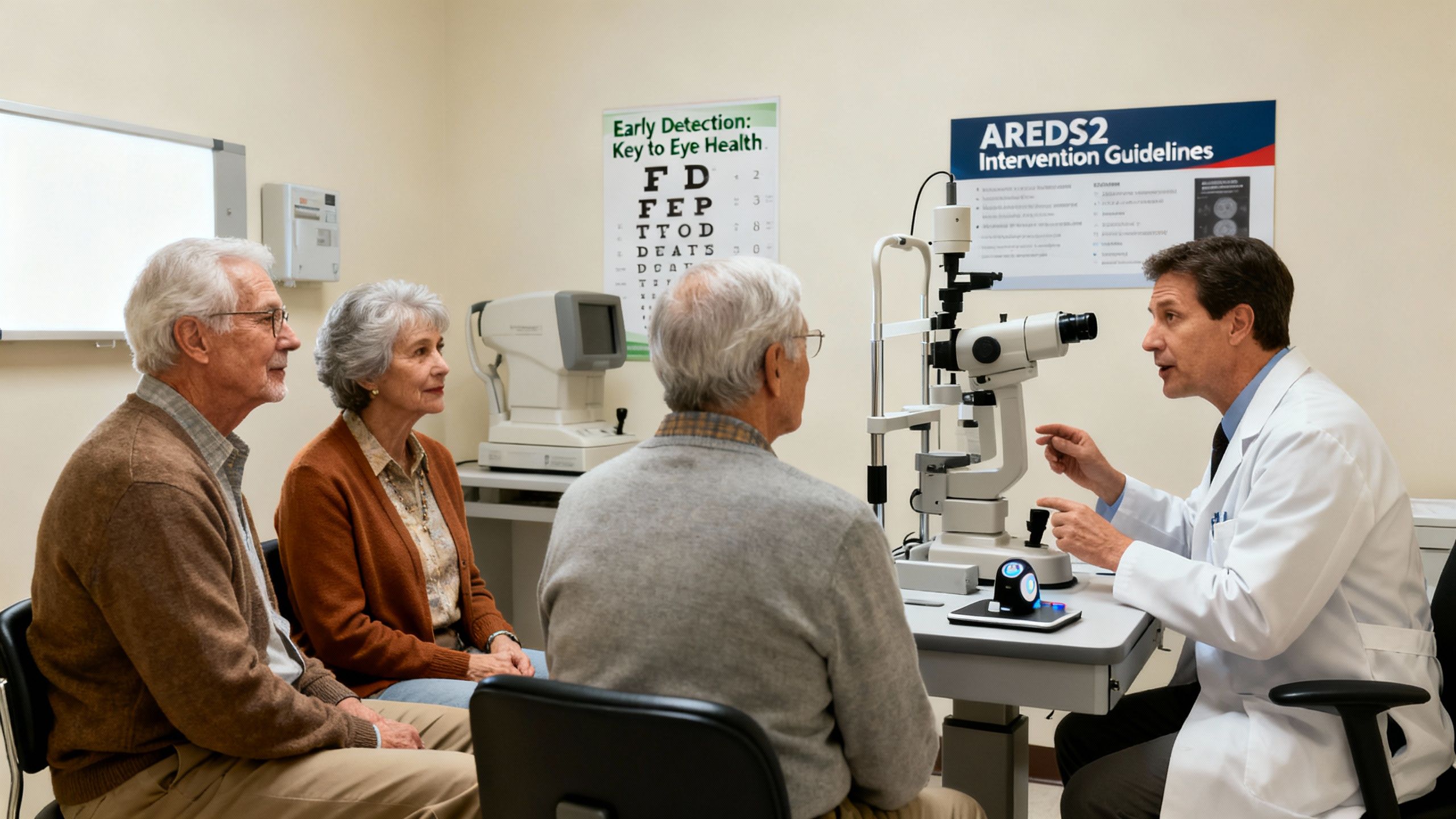 Group of older adults having an eye exam with an ophthalmologist, representing early detection and AREDS2 intervention