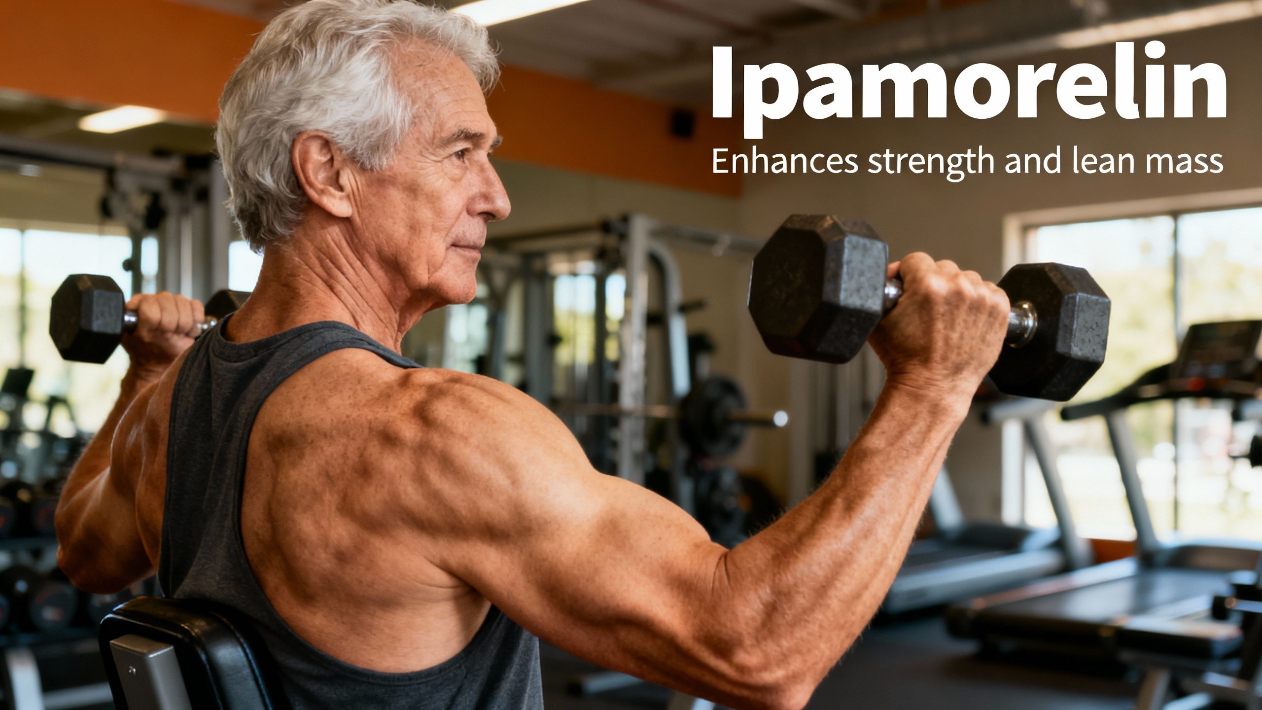 Older adult performing resistance training with improved muscle tone, depicting Ipamorelin benefits for strength and lean mass