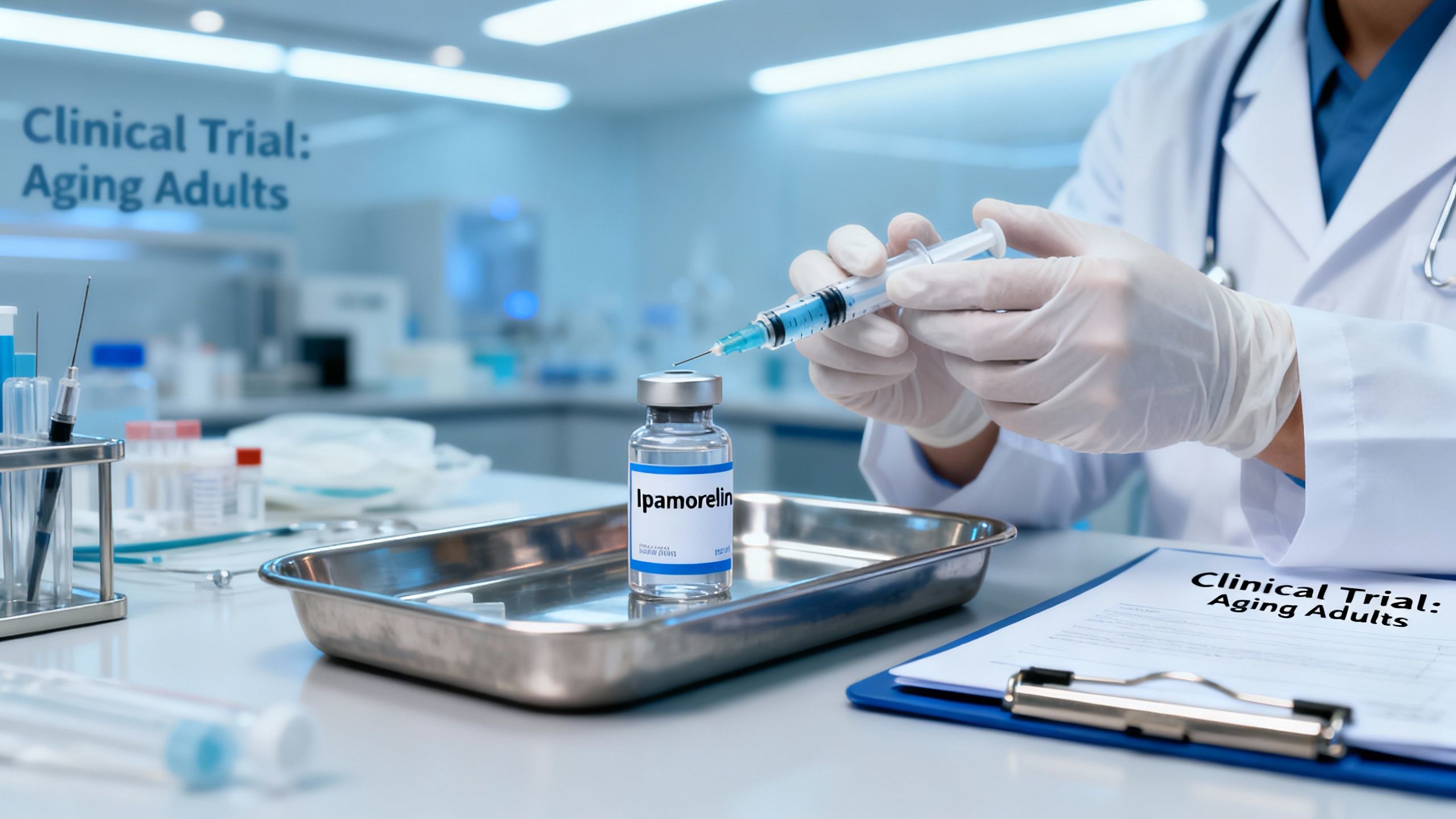 Laboratory scene with scientist preparing Ipamorelin injection for clinical trial in aging adults
