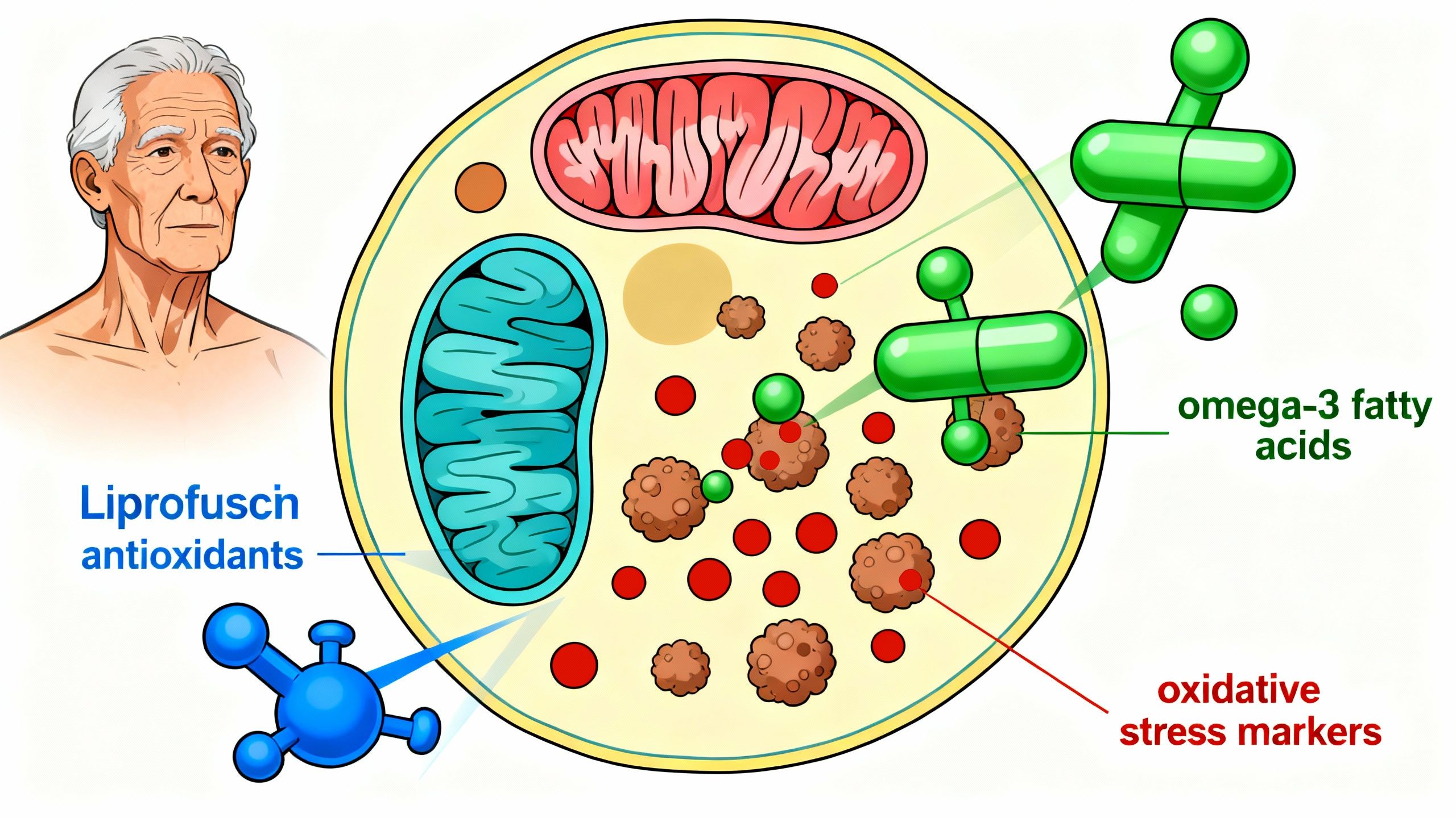 Illustration of a cellular mechanism, showing antioxidants and omega-3 fatty acids reducing oxidative stress in an aging human cell