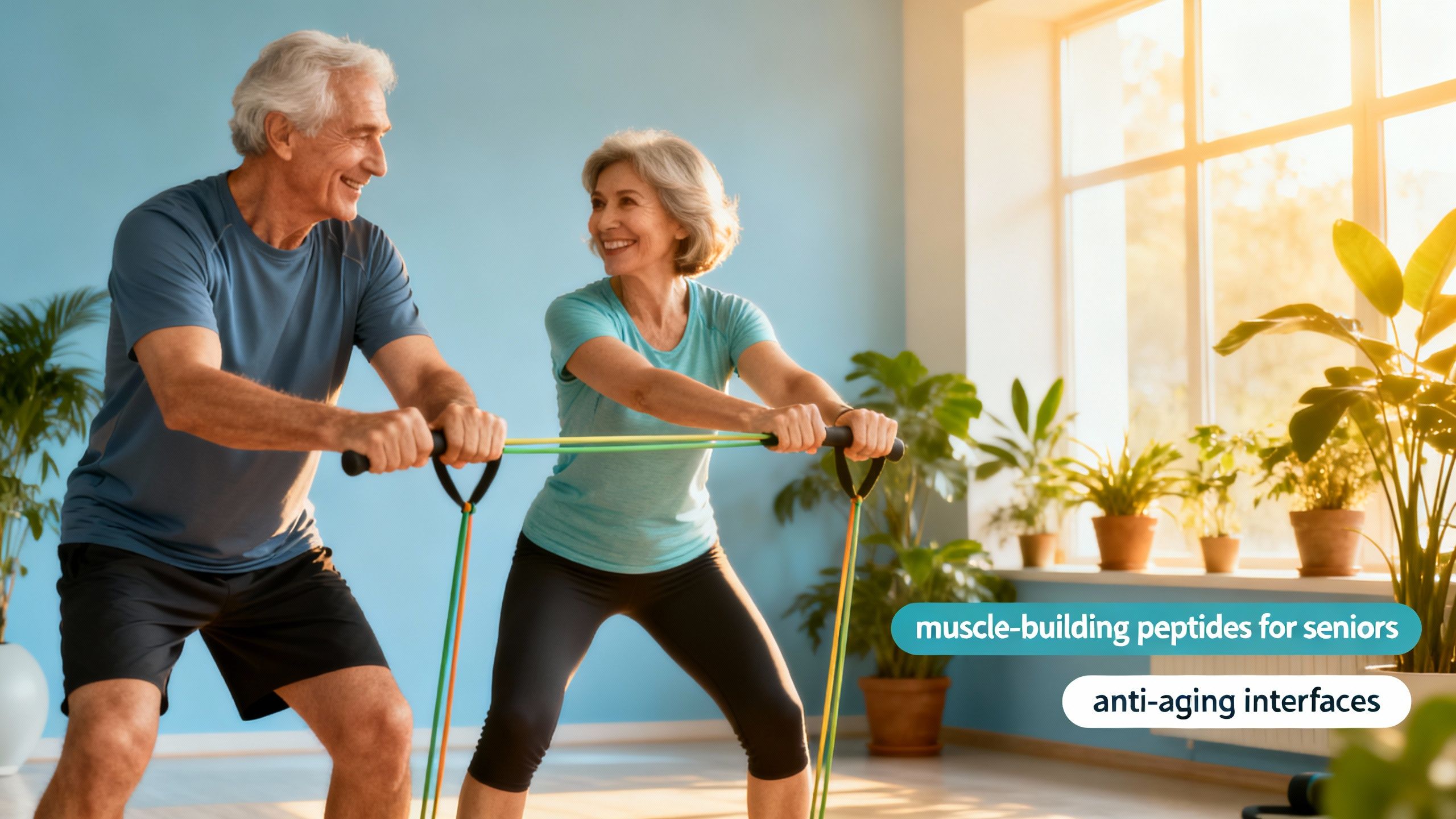 Senior man and woman exercising together to illustrate muscle-building peptides for seniors and anti-aging interfaces