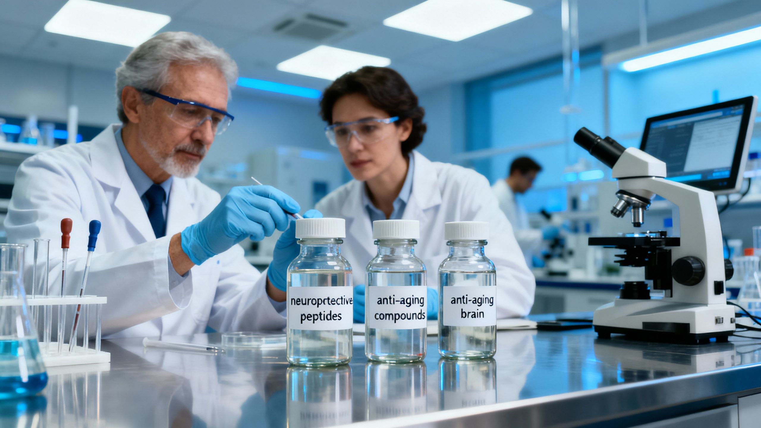 Cognitive aging research laboratory, scientists examining vials labeled with neuroprotective peptides and anti-aging brain compounds