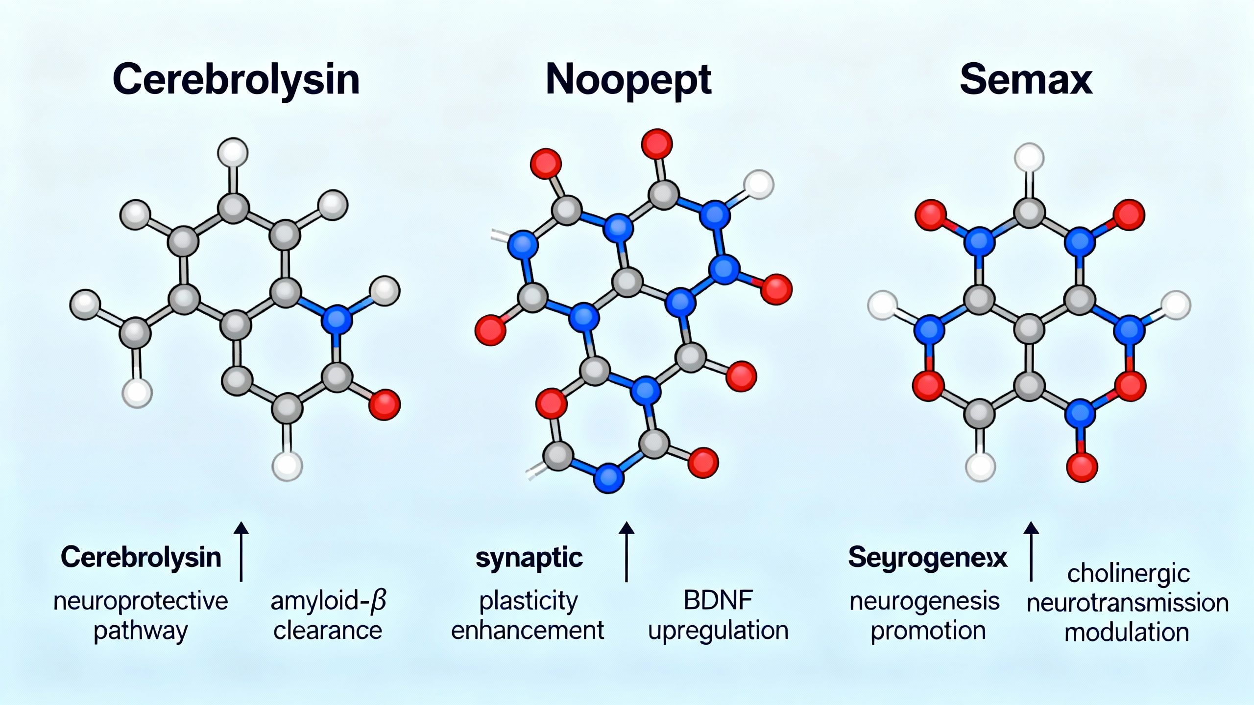 Molecular structures of Cerebrolysin, Noopept, and Semax side by side, with annotated pathways associated with cognitive aging