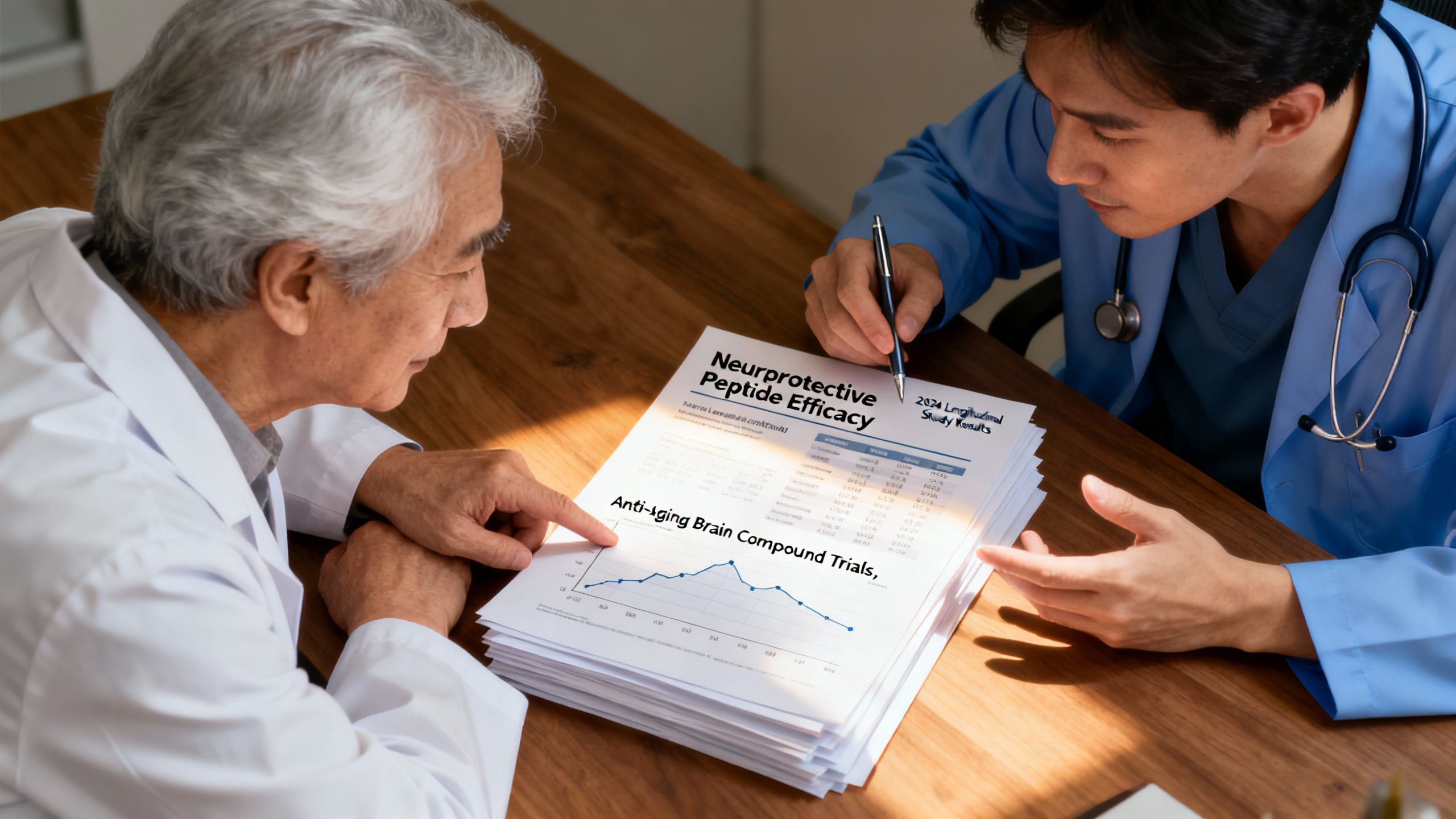Older adult and physician reviewing clinical study printouts on neuroprotective peptides and anti-aging brain compounds