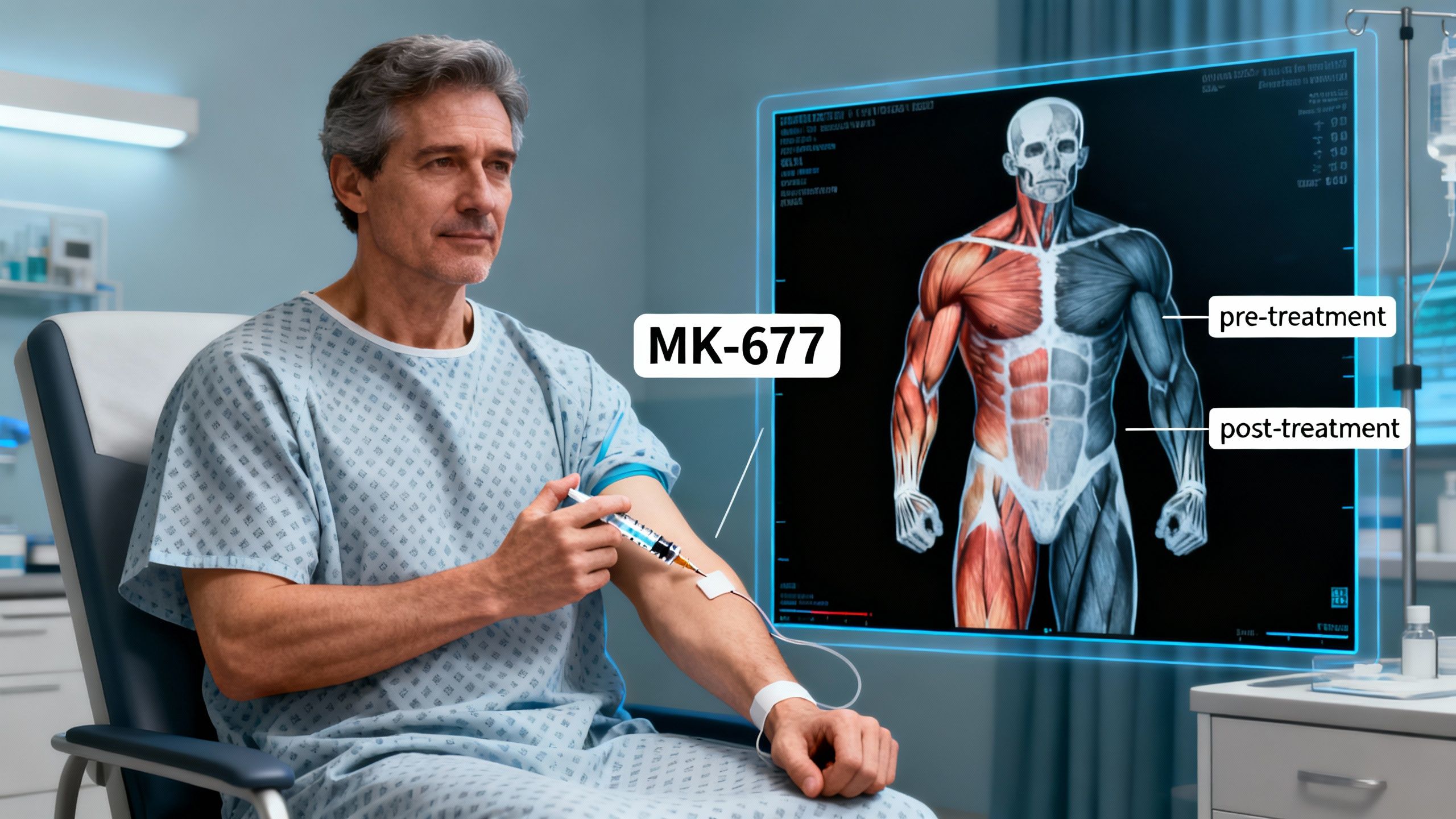 Older man in clinical setting receiving MK-677 and showing improvements in body composition via medical scan