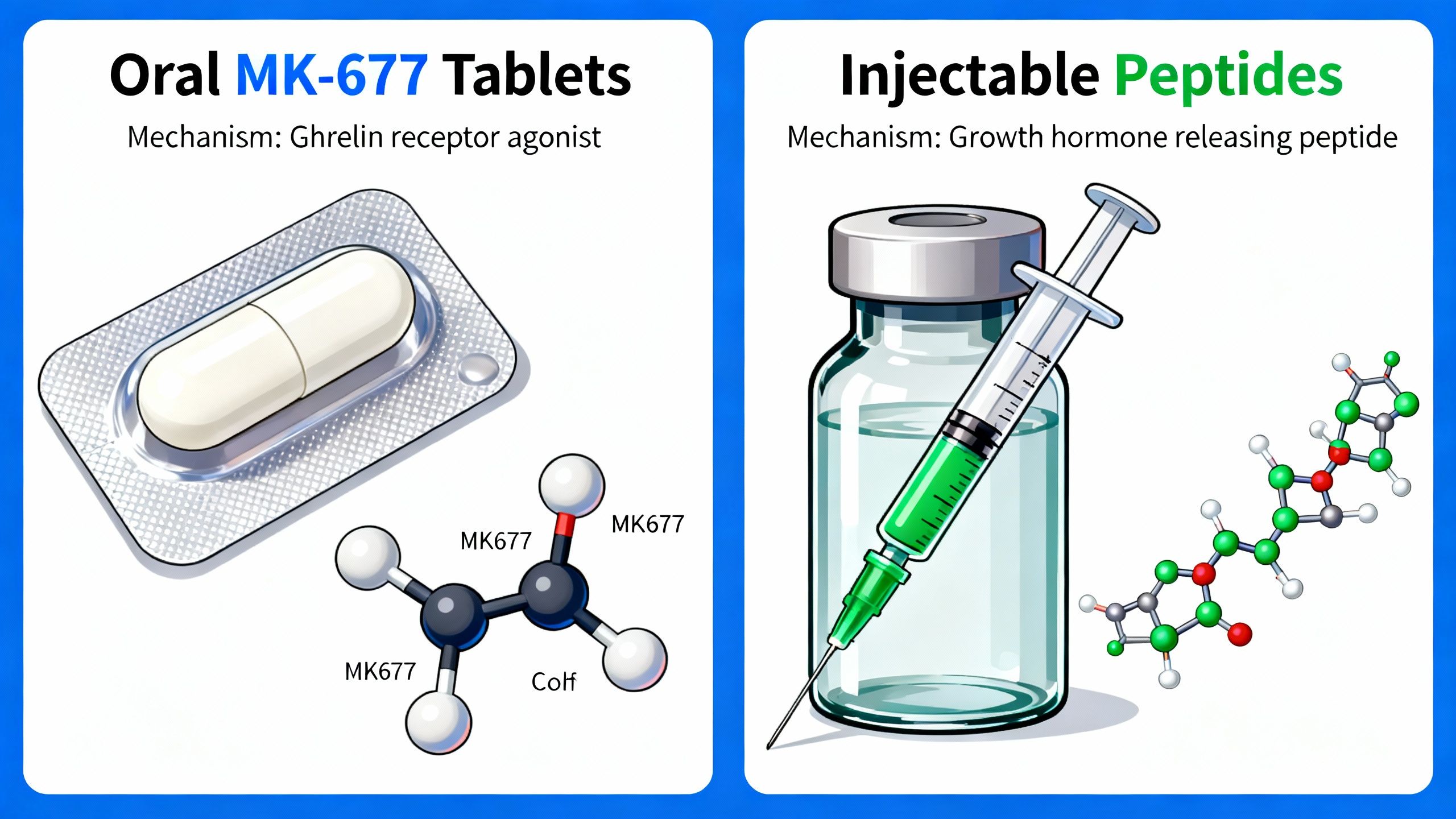 Side-by-side depiction of oral MK-677 tablets and injectable peptides with molecular diagrams showing distinct mechanisms